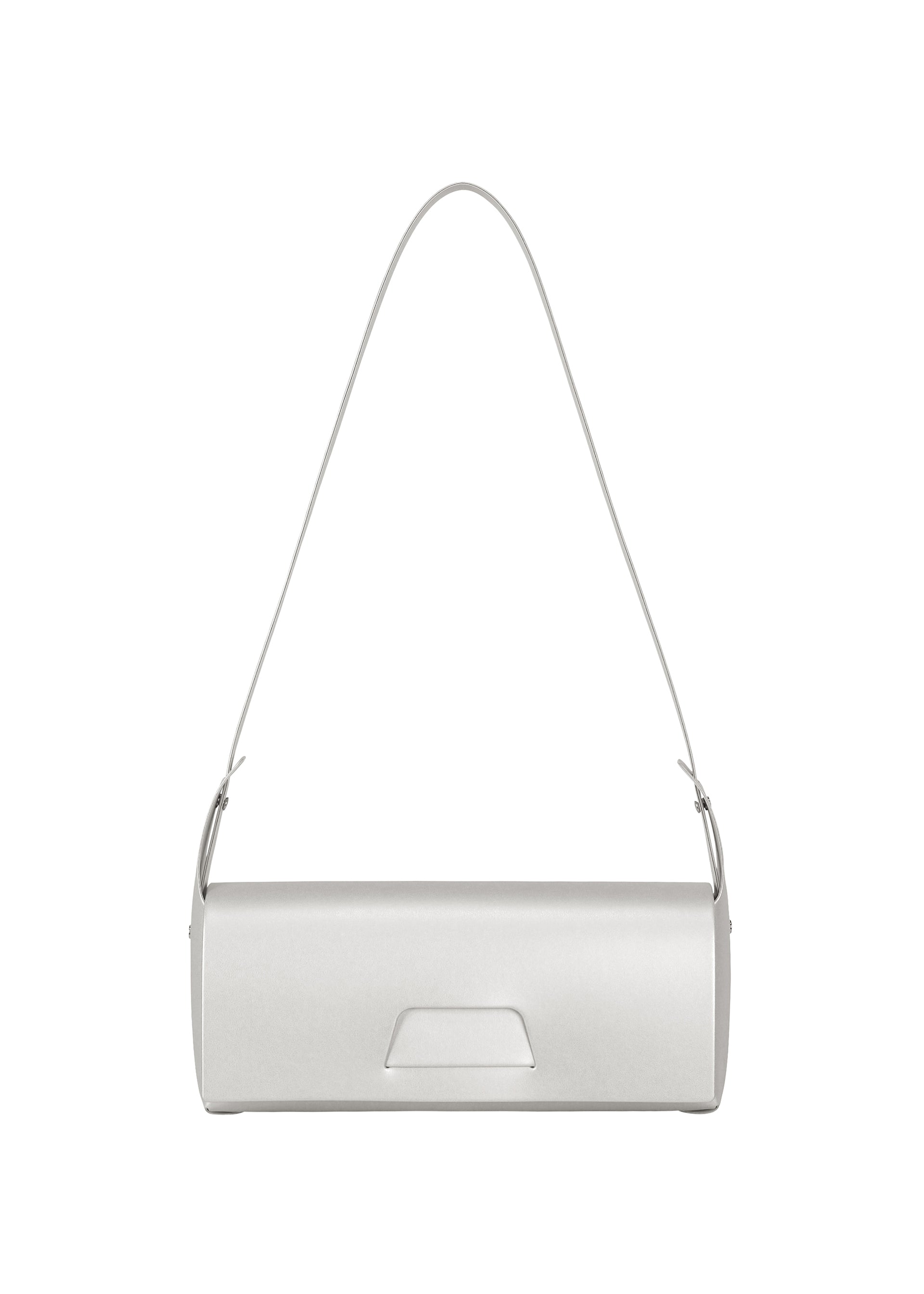 Zoomed view A minimalist, rectangular silver shoulder bag from GOOD GOODS ISSEY MIYAKE’s BOX line, featuring a single thin shoulder strap and a small front flap detail, photographed against a plain white background. - SILVER （no.91）