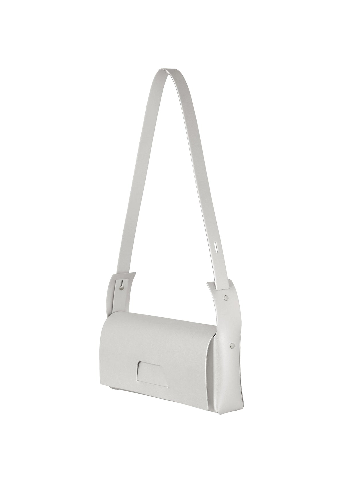 The BOX bag by GOOD GOODS ISSEY MIYAKE is a minimalist, light gray rectangular accessory featuring a long strap and a simple flap closure, showcased against a white background. view 2 of 8