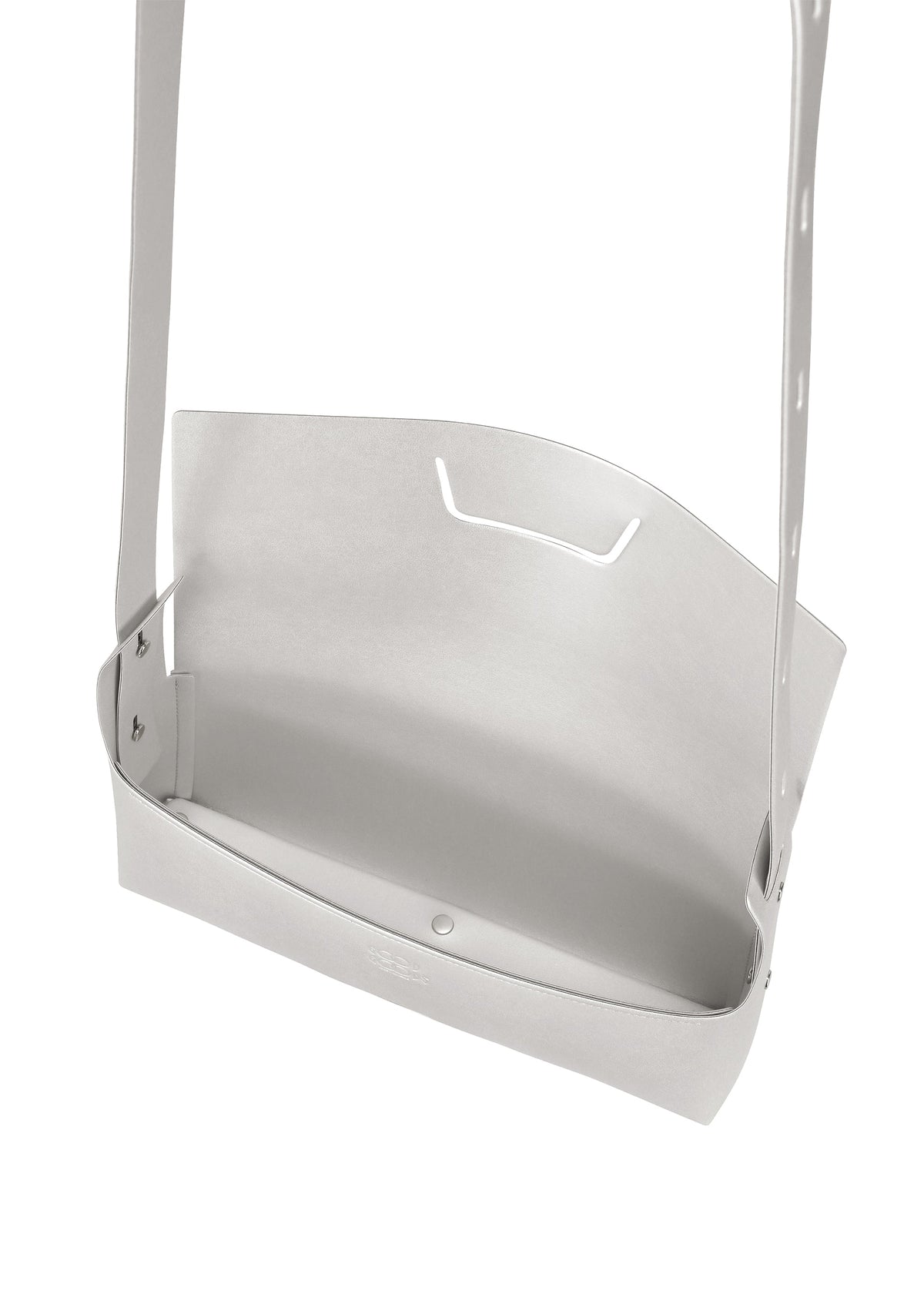 A minimalist, box-shaped white leather shoulder bag called BOX by GOOD GOODS ISSEY MIYAKE, featuring a single strap and shown from above on a plain white background. The empty bag showcases clean lines, simple stitching, and an unadorned design. view 3 of 8
