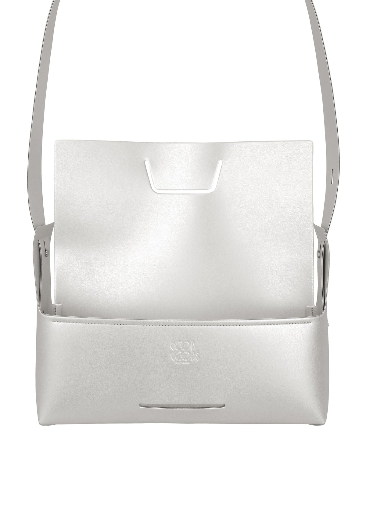 A minimalist white leather shoulder bag from GOOD GOODS ISSEY MIYAKE, the BOX features a structured, box-inspired silhouette with an open flap and an embossed logo on the front. view 4 of 8