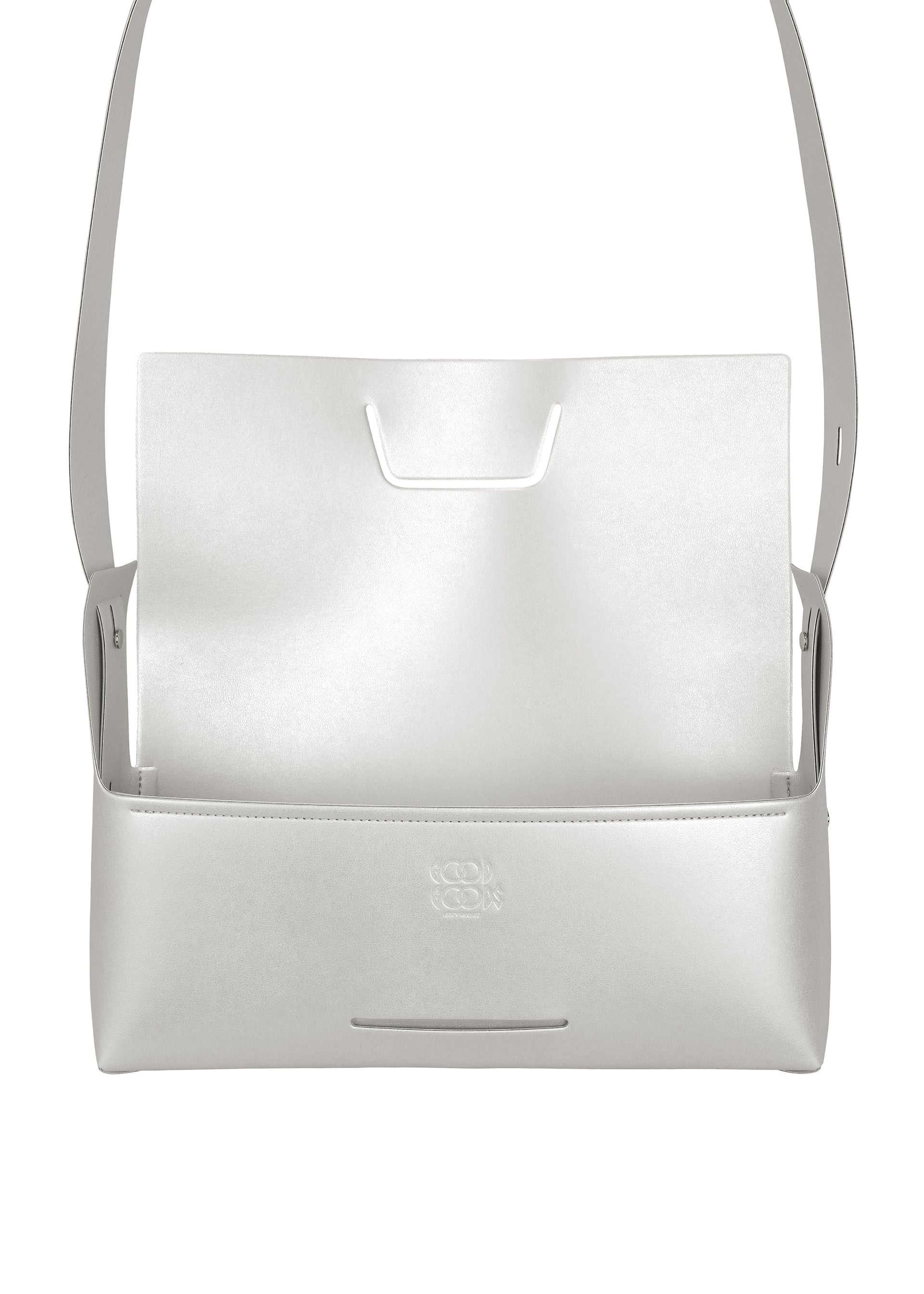 Zoomed view A minimalist white leather shoulder bag from GOOD GOODS ISSEY MIYAKE, the BOX features a structured, box-inspired silhouette with an open flap and an embossed logo on the front.