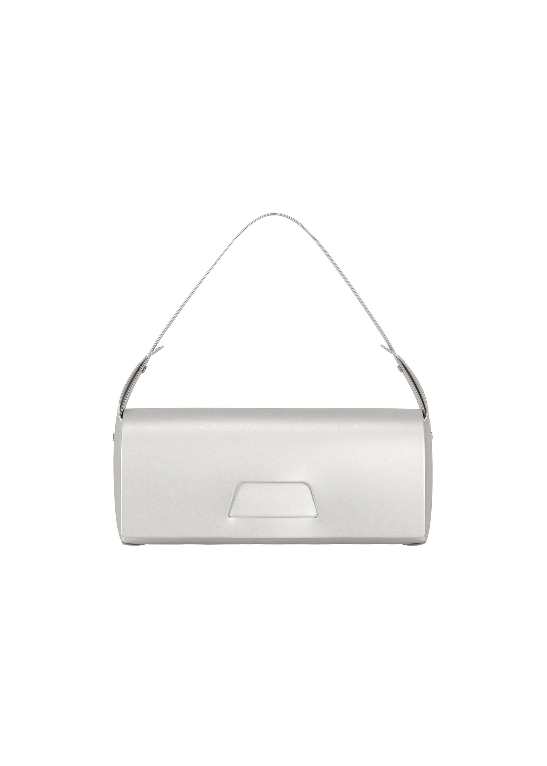 Zoomed view A minimalist, cylindrical silver convertible handbag by GOOD GOODS ISSEY MIYAKE, named BOX, featuring a short single top handle and centered against a plain white background.