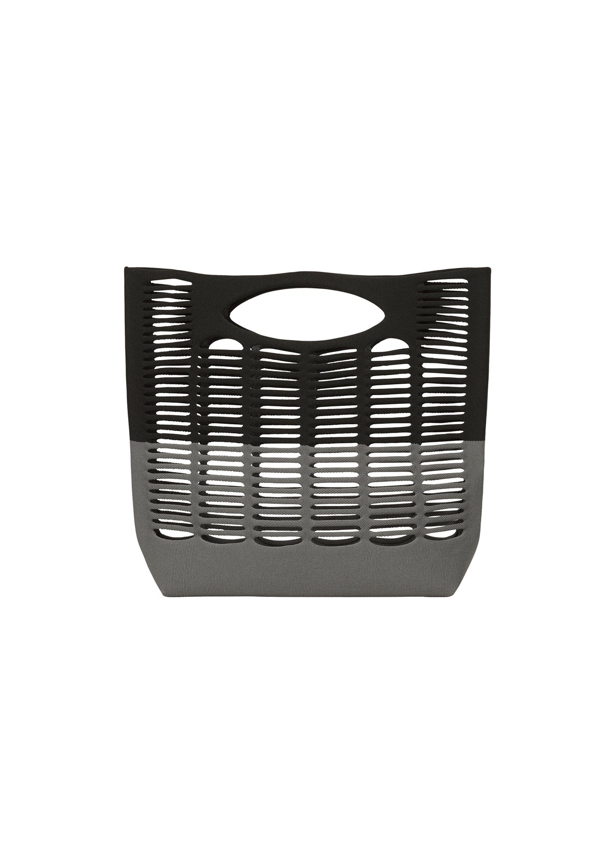 The MOKKO BI-COLOR tote by GOOD GOODS ISSEY MIYAKE features a black and gray knit design, oval handle, and cut-out stripes. Stylish and displayed on white, this bag is also washable for easy care. view 1 of 9