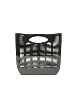 The MOKKO BI-COLOR tote by GOOD GOODS ISSEY MIYAKE features a black and gray knit design, oval handle, and cut-out stripes. Stylish and displayed on white, this bag is also washable for easy care. - BLACK×GRAY （no.19）