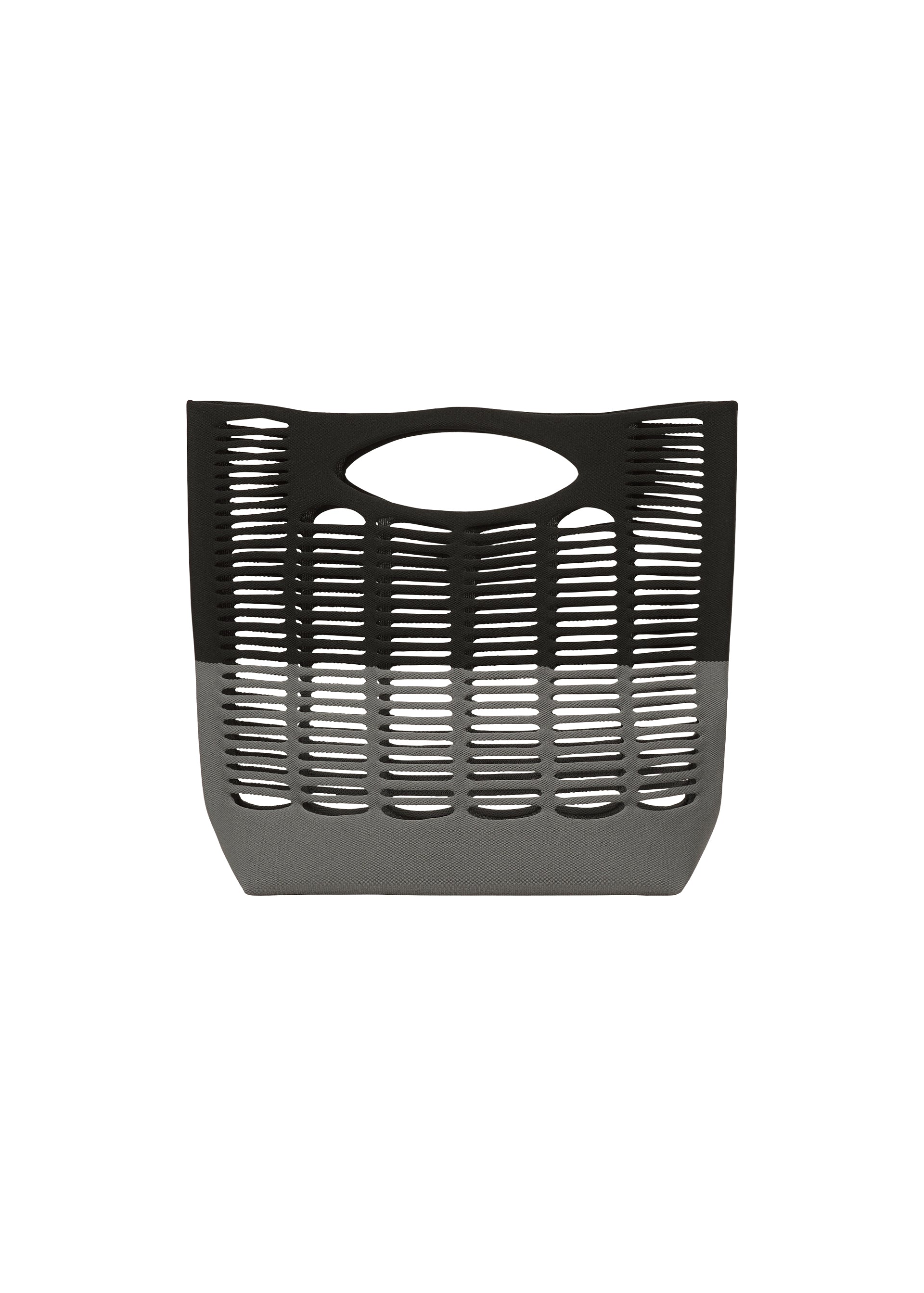 Zoomed view The MOKKO BI-COLOR tote by GOOD GOODS ISSEY MIYAKE features a black and gray knit design, oval handle, and cut-out stripes. Stylish and displayed on white, this bag is also washable for easy care. - BLACK×GRAY （no.19）