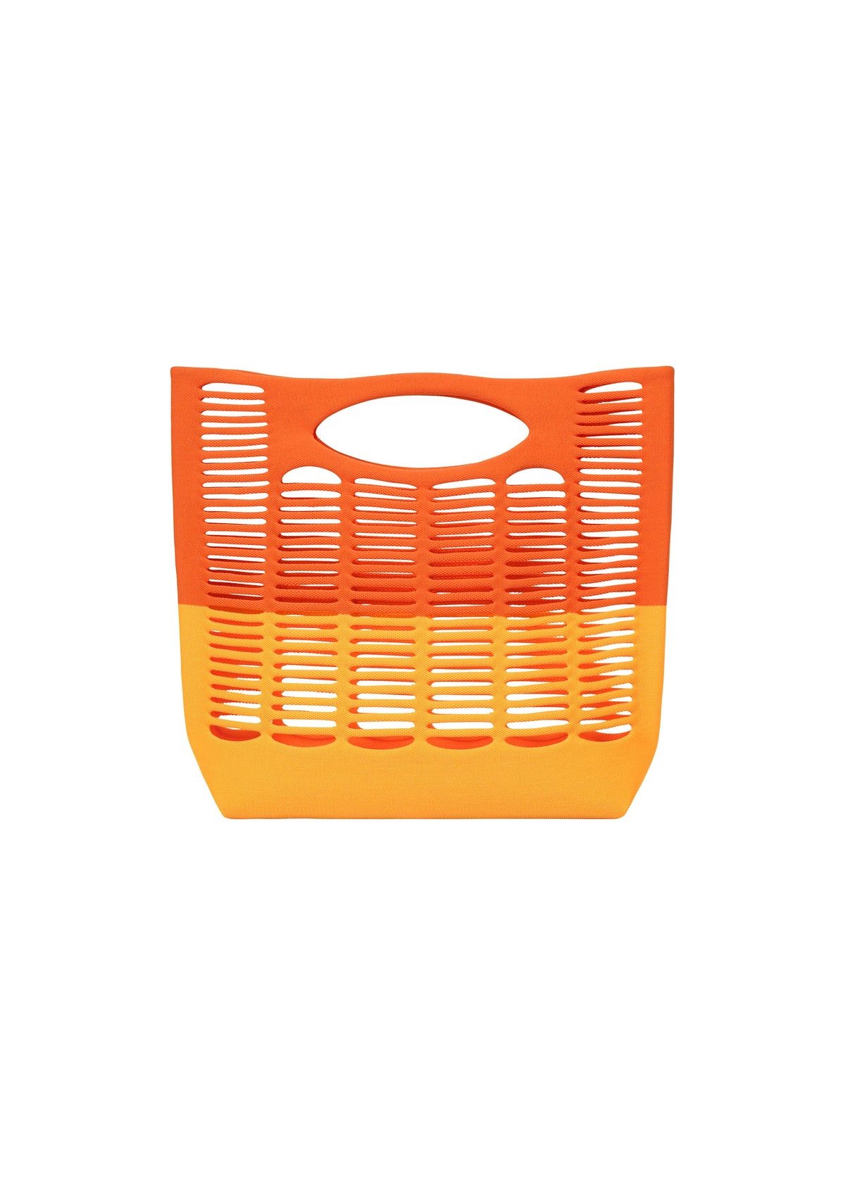 The MOKKO BI-COLOR tote bag by GOOD GOODS ISSEY MIYAKE features a bright orange and yellow slotted plastic design with a rounded handle, shown against a plain white background. The bag is durable and washable. view 2 of 9