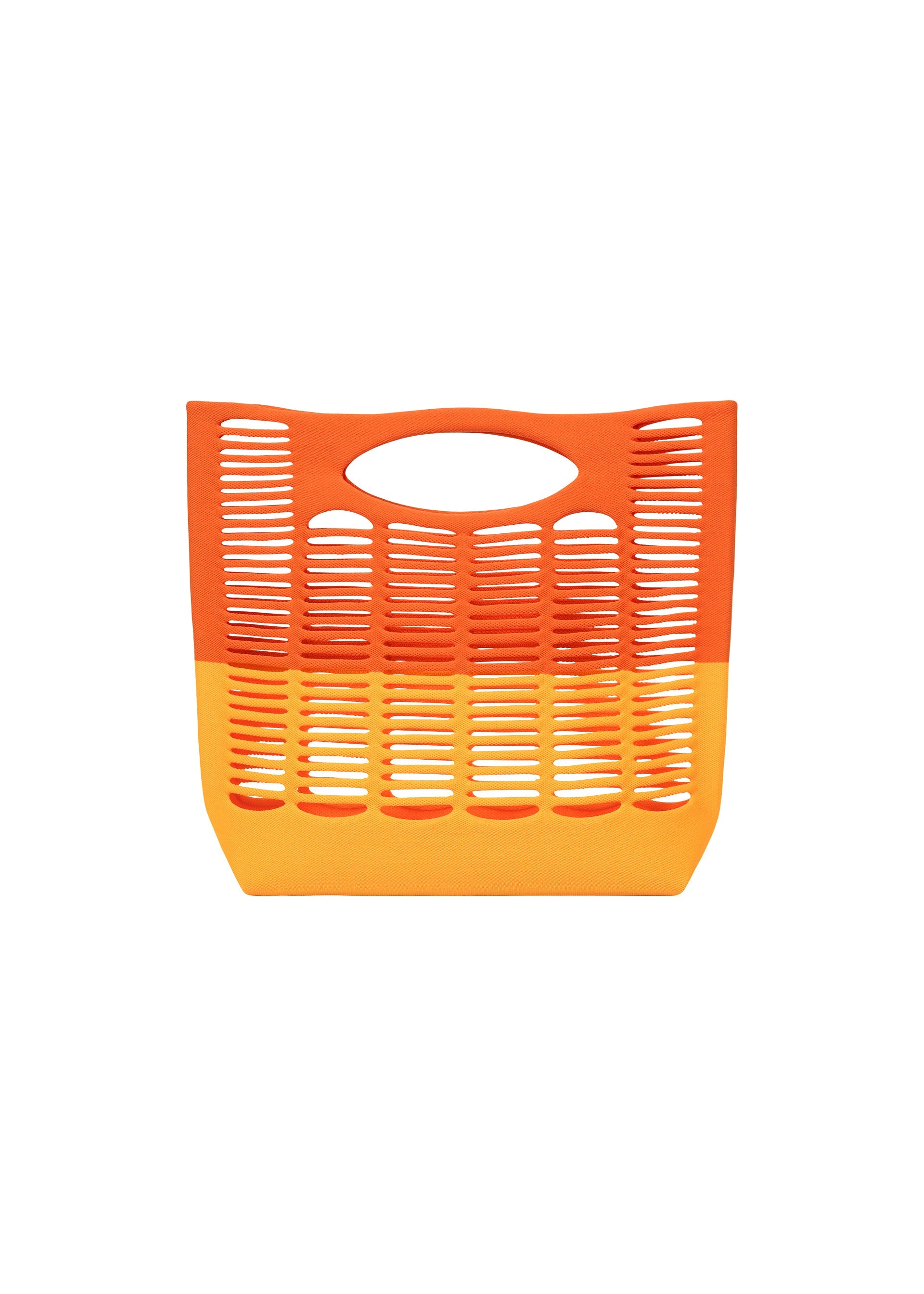 Zoomed view The MOKKO BI-COLOR tote bag by GOOD GOODS ISSEY MIYAKE features a bright orange and yellow slotted plastic design with a rounded handle, shown against a plain white background. The bag is durable and washable. - WARM ORANGE×ORANGE YELLOW （no.37）