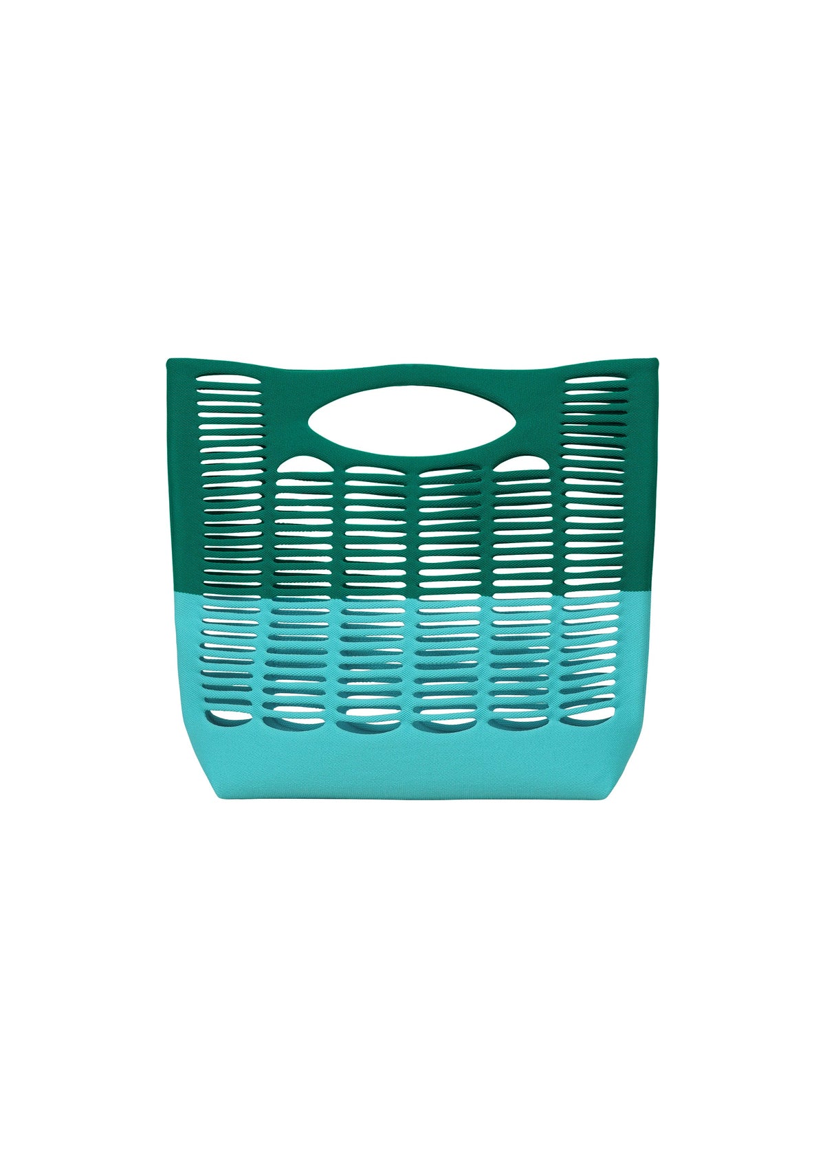 The MOKKO BI-COLOR tote by GOOD GOODS ISSEY MIYAKE is a washable knit bag with horizontal slits, an integrated handle, and a stylish dark green and light blue two-tone design—perfect for everyday use. view 3 of 9