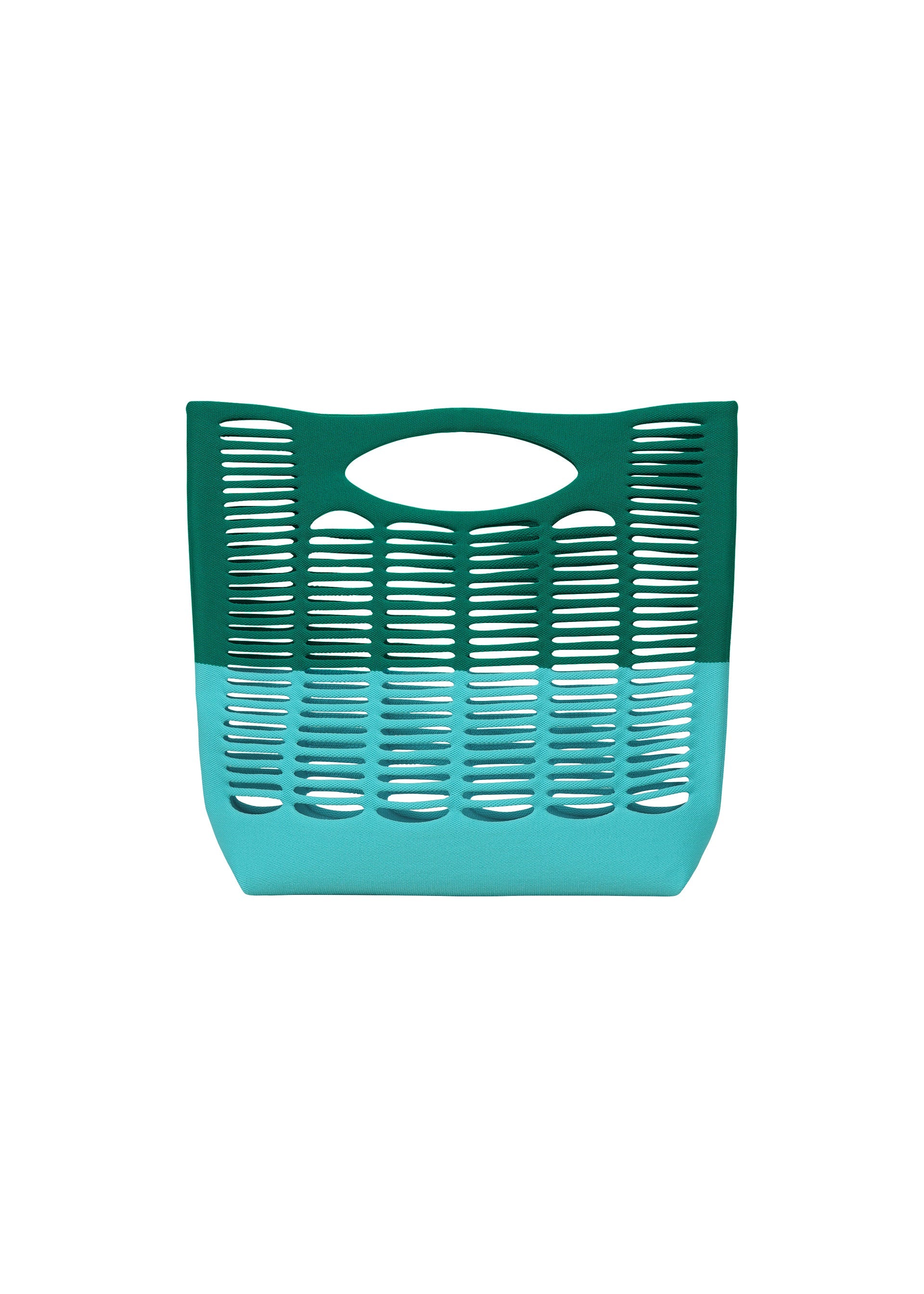 Zoomed view The MOKKO BI-COLOR tote by GOOD GOODS ISSEY MIYAKE is a washable knit bag with horizontal slits, an integrated handle, and a stylish dark green and light blue two-tone design—perfect for everyday use. - TEAL GREEN×LIGTH TEAL BLUE （no.69）
