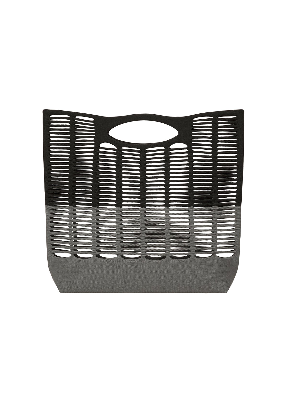 The MOKKO BI-COLOR by GOOD GOODS ISSEY MIYAKE is a modern knit tote bag in black and gray, featuring an open slotted design, oval handle, and washable finish. view 1 of 9