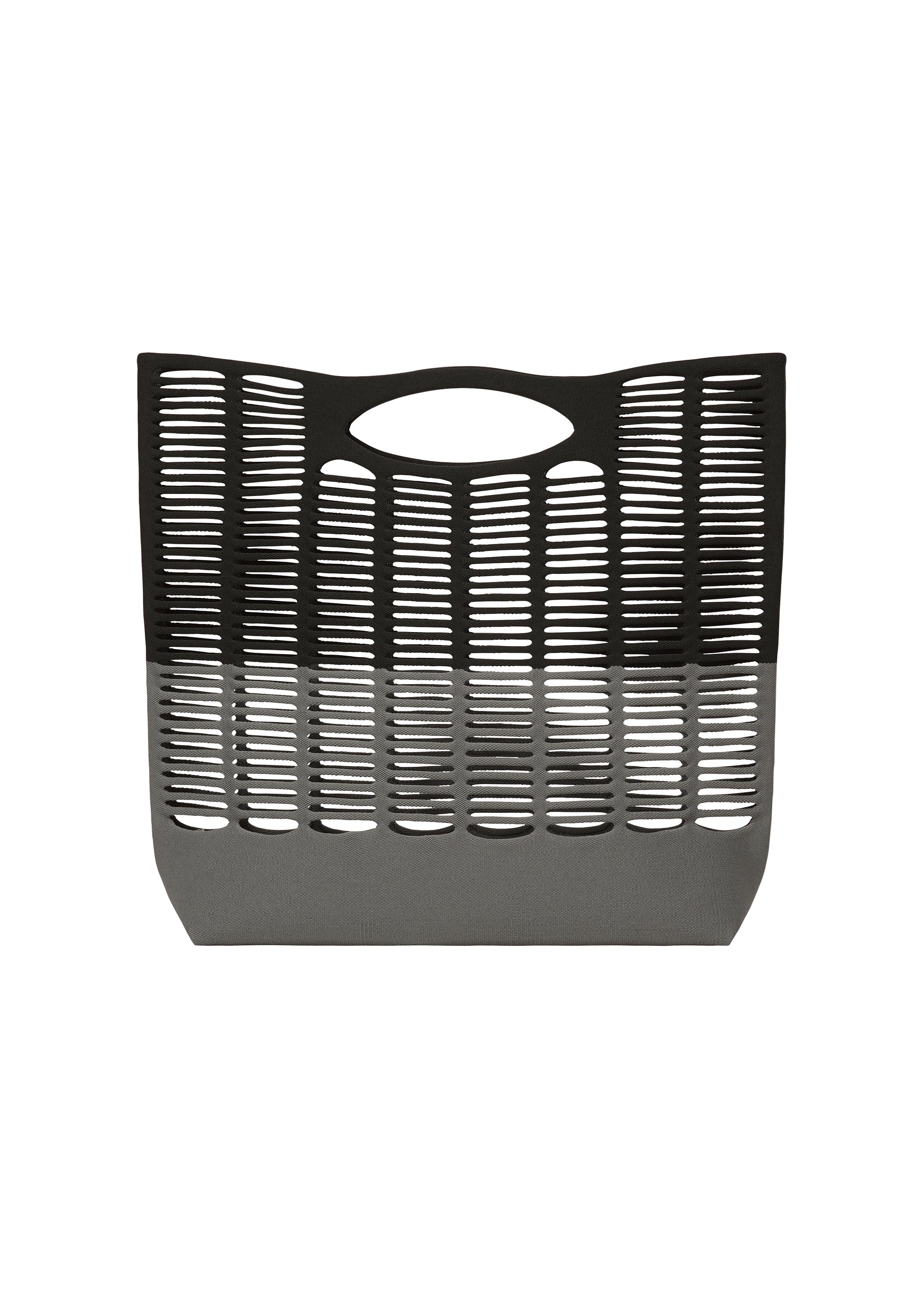 Zoomed view The MOKKO BI-COLOR by GOOD GOODS ISSEY MIYAKE is a modern knit tote bag in black and gray, featuring an open slotted design, oval handle, and washable finish. - BLACK×GRAY （no.19）