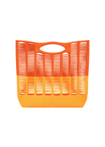 The MOKKO BI-COLOR tote bag by GOOD GOODS ISSEY MIYAKE features a washable, striped open-weave design with an orange upper half and yellow lower half, displayed against a white background. - WARM ORANGE×ORANGE YELLOW （no.37）