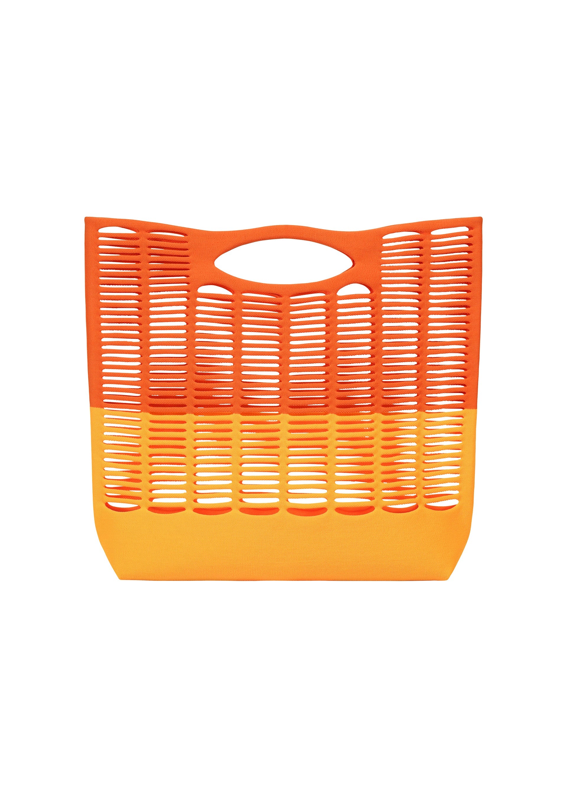 Zoomed view The MOKKO BI-COLOR tote bag by GOOD GOODS ISSEY MIYAKE features a washable, striped open-weave design with an orange upper half and yellow lower half, displayed against a white background. - WARM ORANGE×ORANGE YELLOW （no.37）