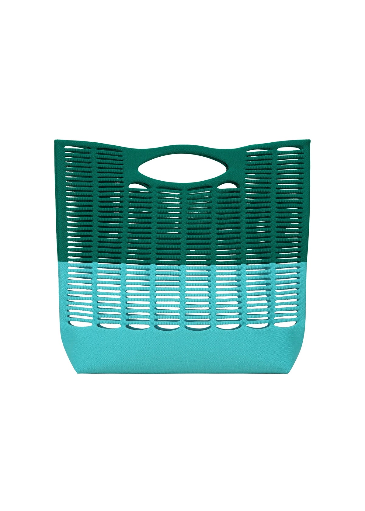 The MOKKO BI-COLOR by GOOD GOODS ISSEY MIYAKE is a washable plastic tote with a slotted design and cutout handle, featuring dark green on top and light blue below—a modern update to the classic knit bag. view 3 of 9