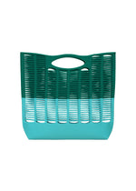 The MOKKO BI-COLOR by GOOD GOODS ISSEY MIYAKE is a washable plastic tote with a slotted design and cutout handle, featuring dark green on top and light blue below—a modern update to the classic knit bag. - TEAL GREEN×LIGTH TEAL BLUE （no.69）