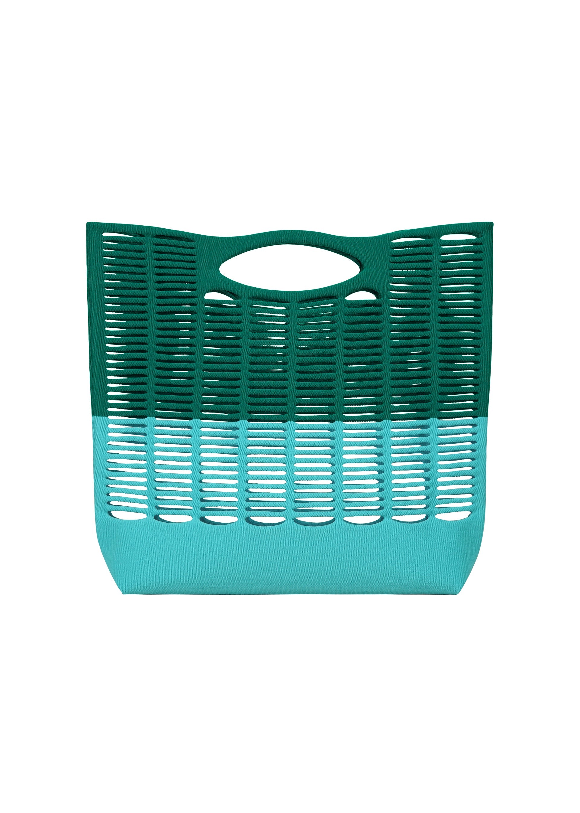 Zoomed view The MOKKO BI-COLOR by GOOD GOODS ISSEY MIYAKE is a washable plastic tote with a slotted design and cutout handle, featuring dark green on top and light blue below—a modern update to the classic knit bag. - TEAL GREEN×LIGTH TEAL BLUE （no.69）