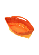The MOKKO BI-COLOR by GOOD GOODS ISSEY MIYAKE is a bright orange and yellow tote with mesh sides, a flat base, and a built-in top handle. This washable basket tote is shown on a white background.