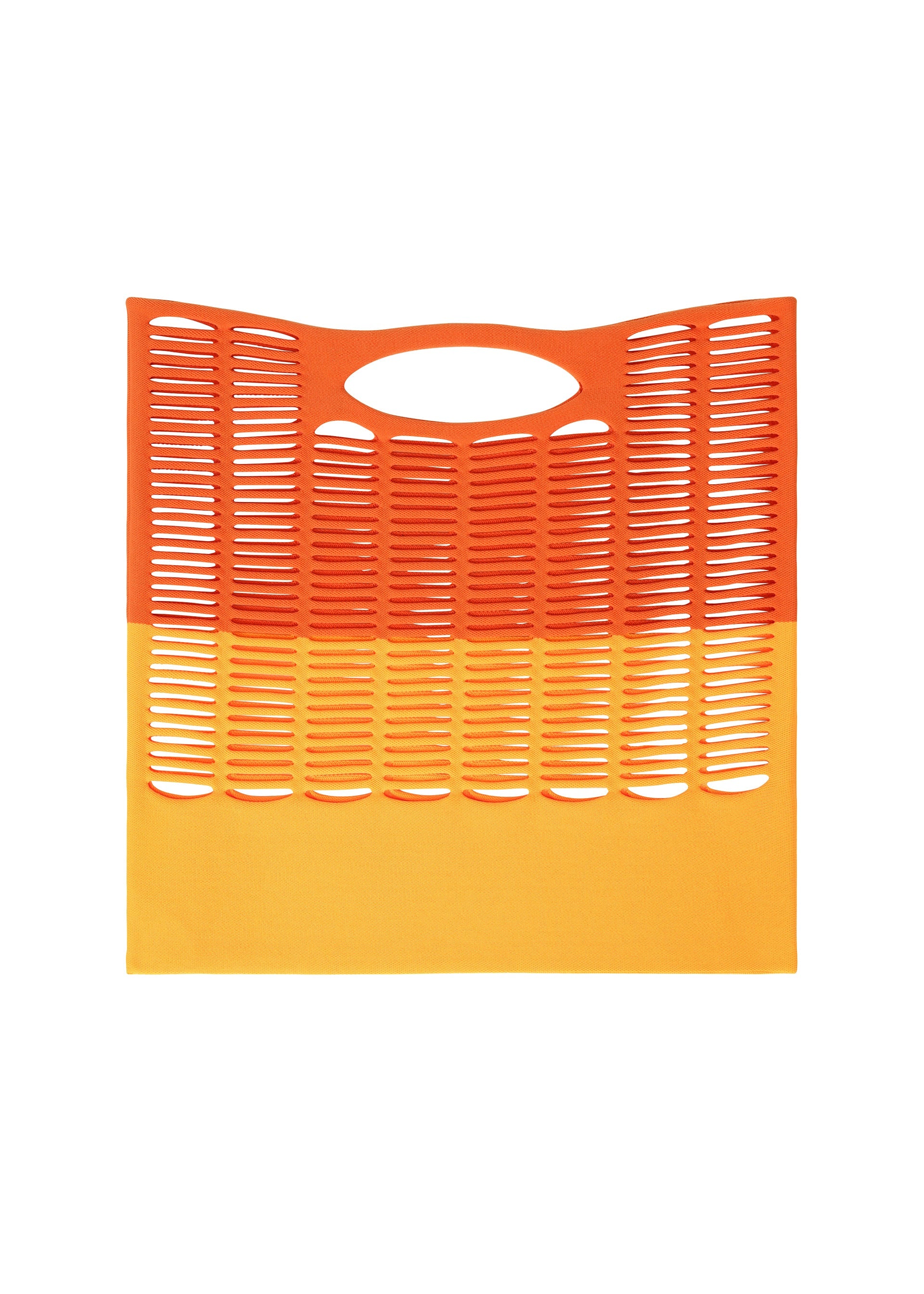 Zoomed view The MOKKO BI-COLOR by GOOD GOODS ISSEY MIYAKE is an orange and yellow rectangular tote with a cut-out oval handle and horizontal slits, combining practical washable knit with stylish design.