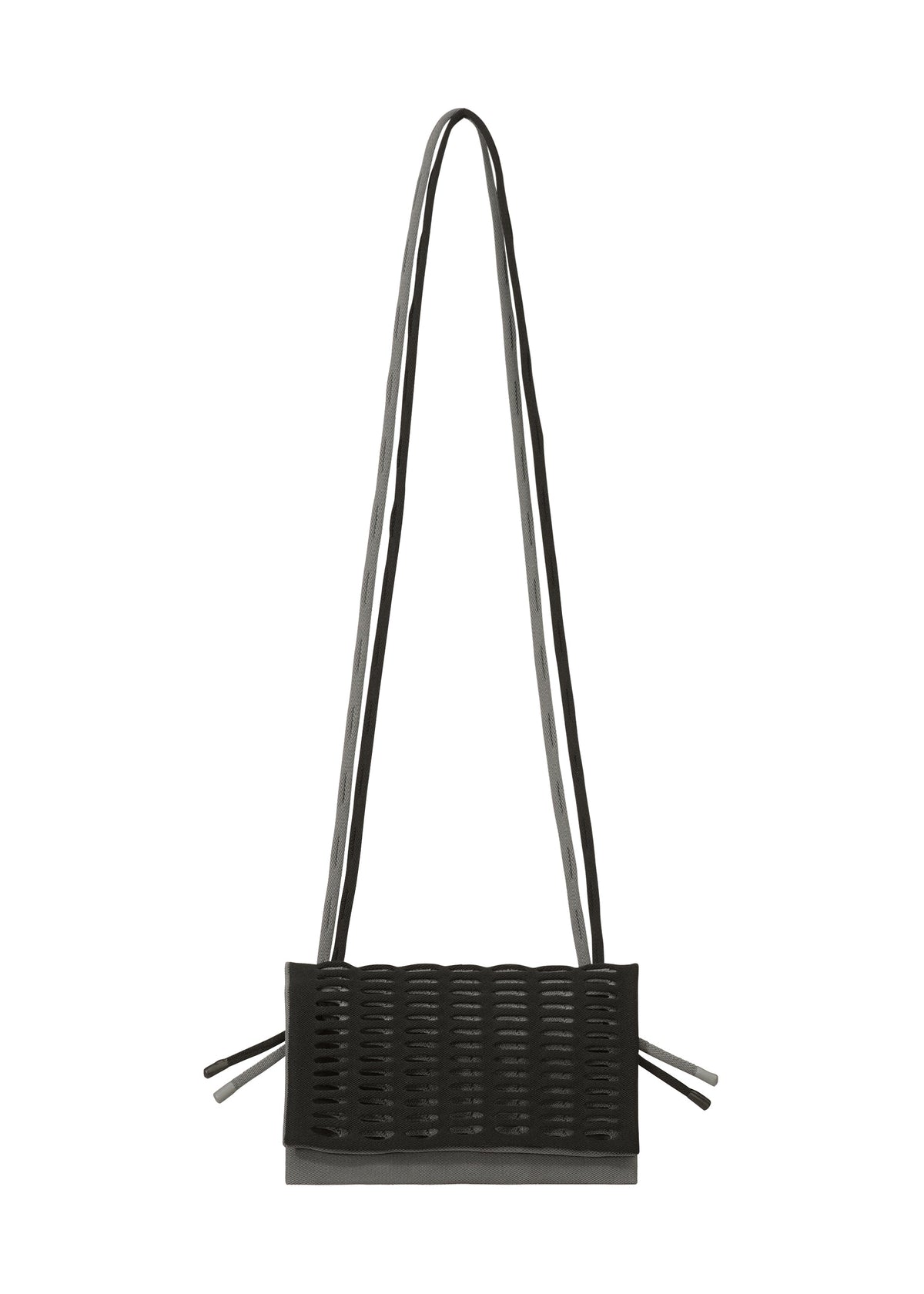 The MOKKO BI-COLOR by GOOD GOODS ISSEY MIYAKE is a black rectangular tote with a woven front, slim shoulder straps, and side tassels. Its washable knit design blends style and practicality, making it ideal for everyday use. view 1 of 15