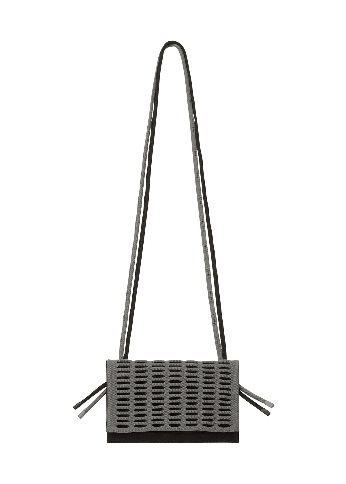 The MOKKO BI-COLOR by GOOD GOODS ISSEY MIYAKE is a small, rectangular, gray knit shoulder bag with a long double strap, textured perforated front flap, and matching strap accents on the sides for a modern minimal look. view 2 of 15