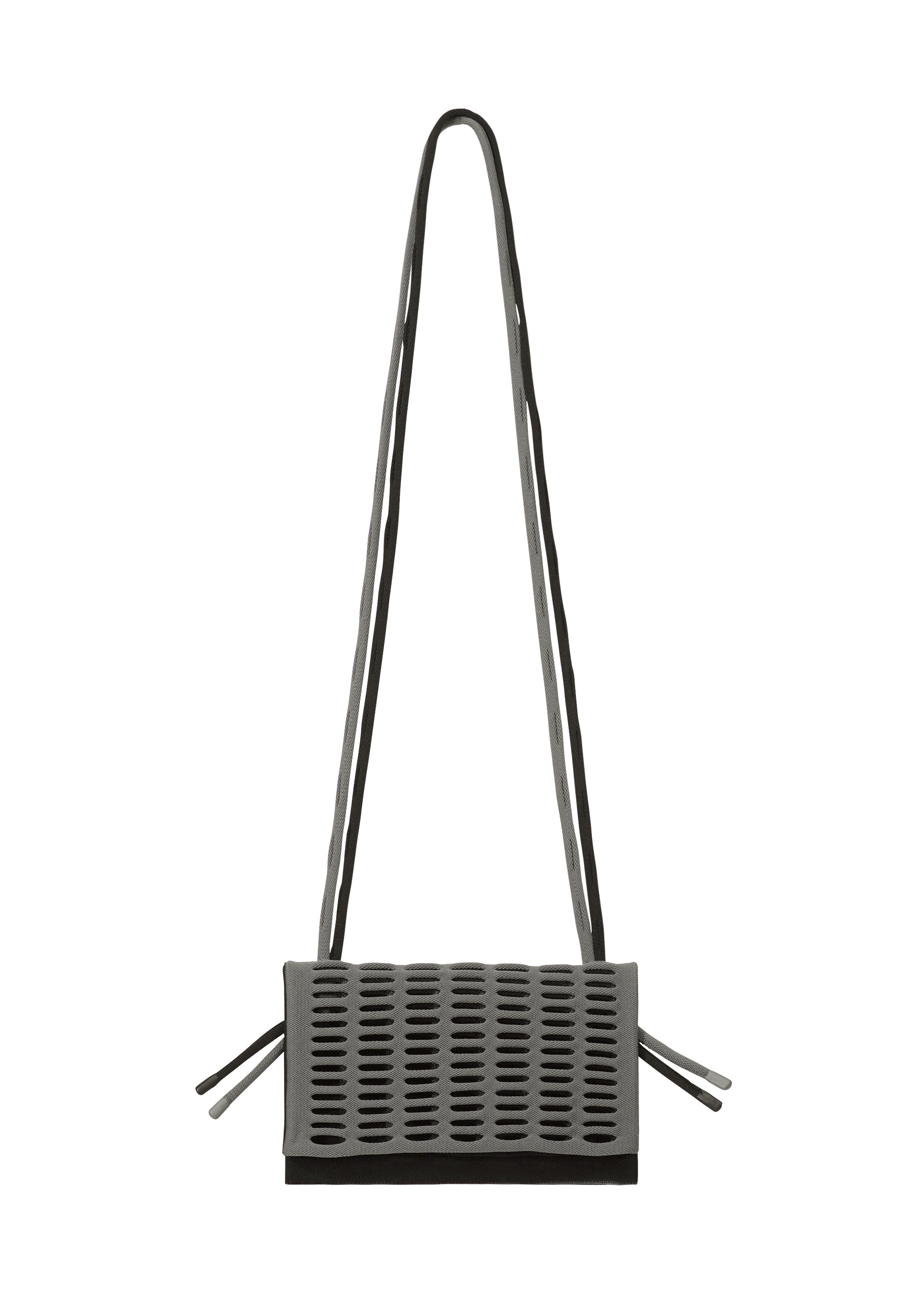 Zoomed view The MOKKO BI-COLOR by GOOD GOODS ISSEY MIYAKE is a small, rectangular, gray knit shoulder bag with a long double strap, textured perforated front flap, and matching strap accents on the sides for a modern minimal look.