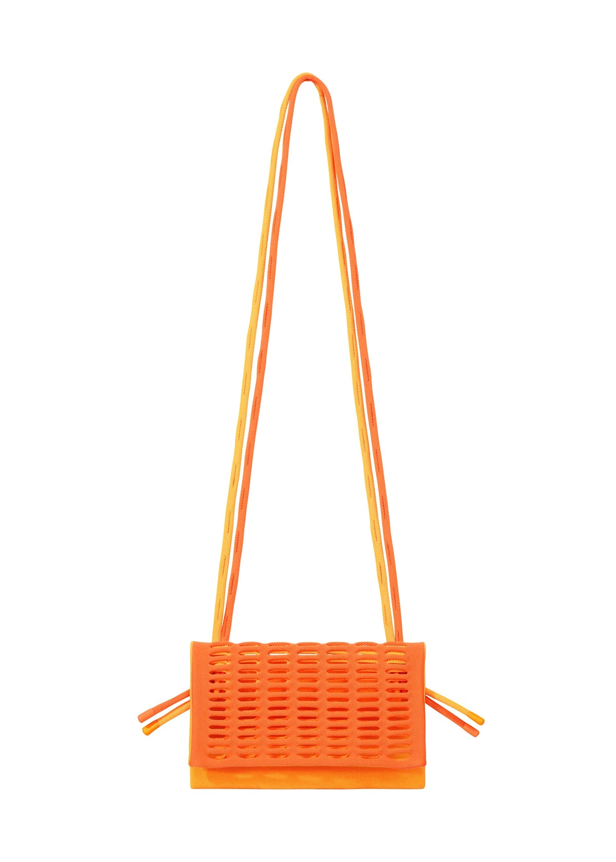 The MOKKO BI-COLOR by GOOD GOODS ISSEY MIYAKE is a compact, rectangular orange knit tote with front woven texture, side ties, and twin thin shoulder straps. Modern, minimalistic, stylish, and washable for daily use. view 3 of 15