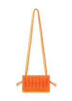 The MOKKO BI-COLOR by GOOD GOODS ISSEY MIYAKE is a compact, rectangular orange knit tote with front woven texture, side ties, and twin thin shoulder straps. Modern, minimalistic, stylish, and washable for daily use. - WARM ORANGE×ORANGE YELLOW （no.37）