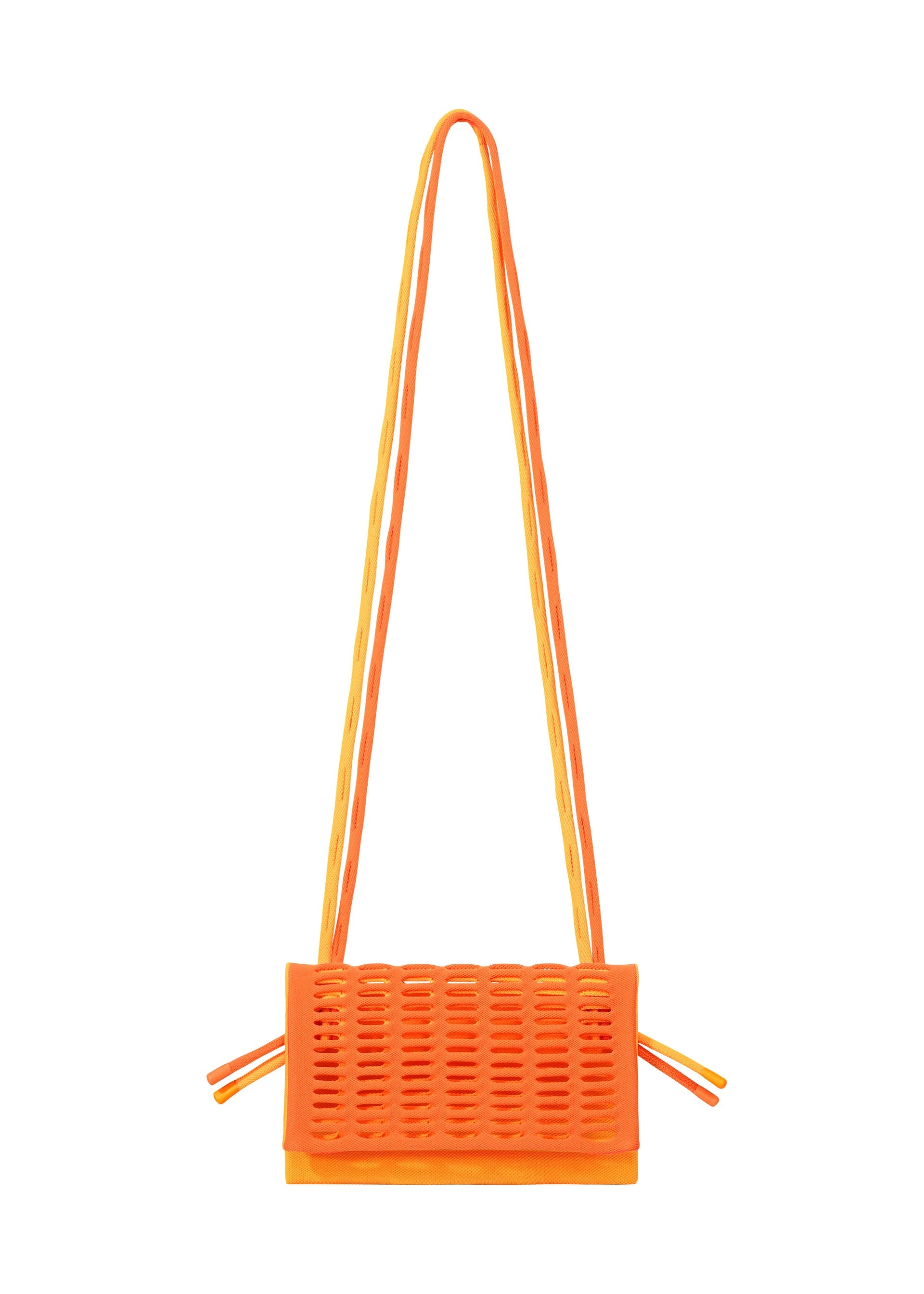 Zoomed view The MOKKO BI-COLOR by GOOD GOODS ISSEY MIYAKE is a compact, rectangular orange knit tote with front woven texture, side ties, and twin thin shoulder straps. Modern, minimalistic, stylish, and washable for daily use. - WARM ORANGE×ORANGE YELLOW （no.37）