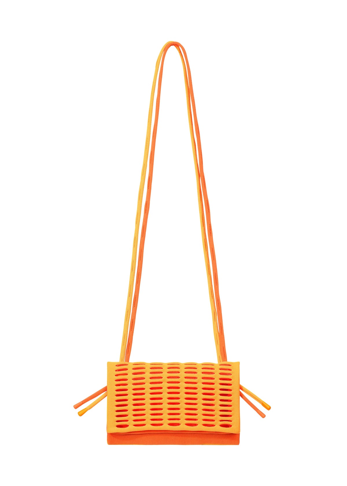 The MOKKO BI-COLOR by GOOD GOODS ISSEY MIYAKE is a small, rectangular orange knit bag with a grid-textured front, double long straps with side knots, washable fabric, and a minimalist modern design. view 4 of 15