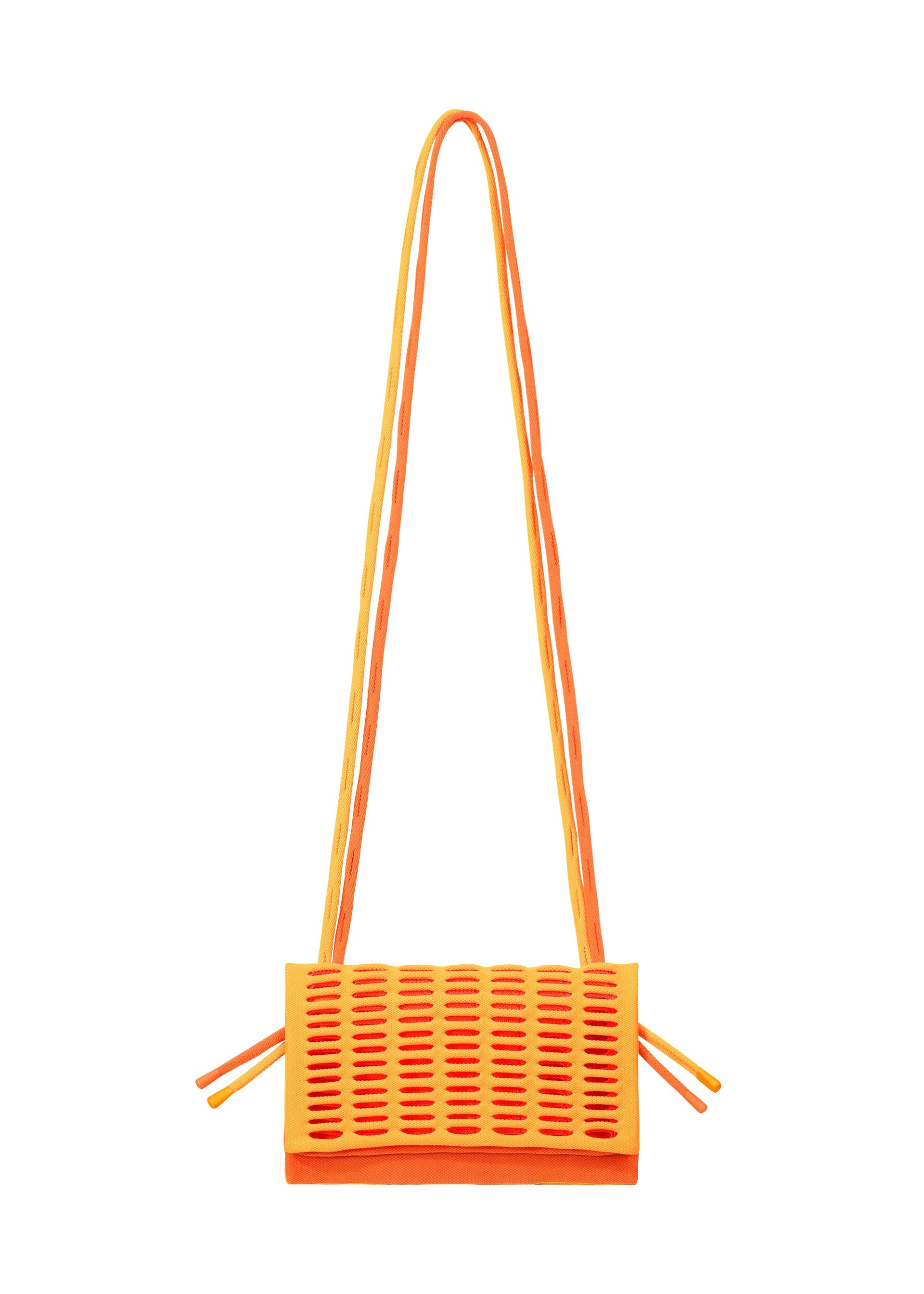 Zoomed view The MOKKO BI-COLOR by GOOD GOODS ISSEY MIYAKE is a small, rectangular orange knit bag with a grid-textured front, double long straps with side knots, washable fabric, and a minimalist modern design.