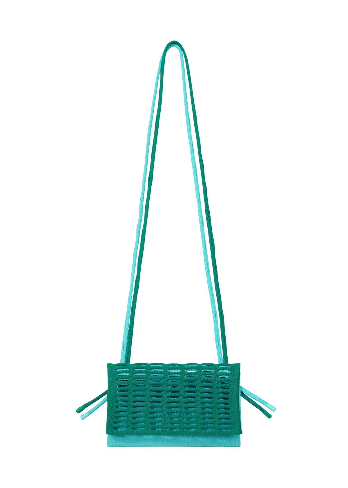 The MOKKO BI-COLOR tote by GOOD GOODS ISSEY MIYAKE features a turquoise rectangular knit design with a long double shoulder strap, woven front texture, and side ties. This washable bag stands out against a white background. view 5 of 15