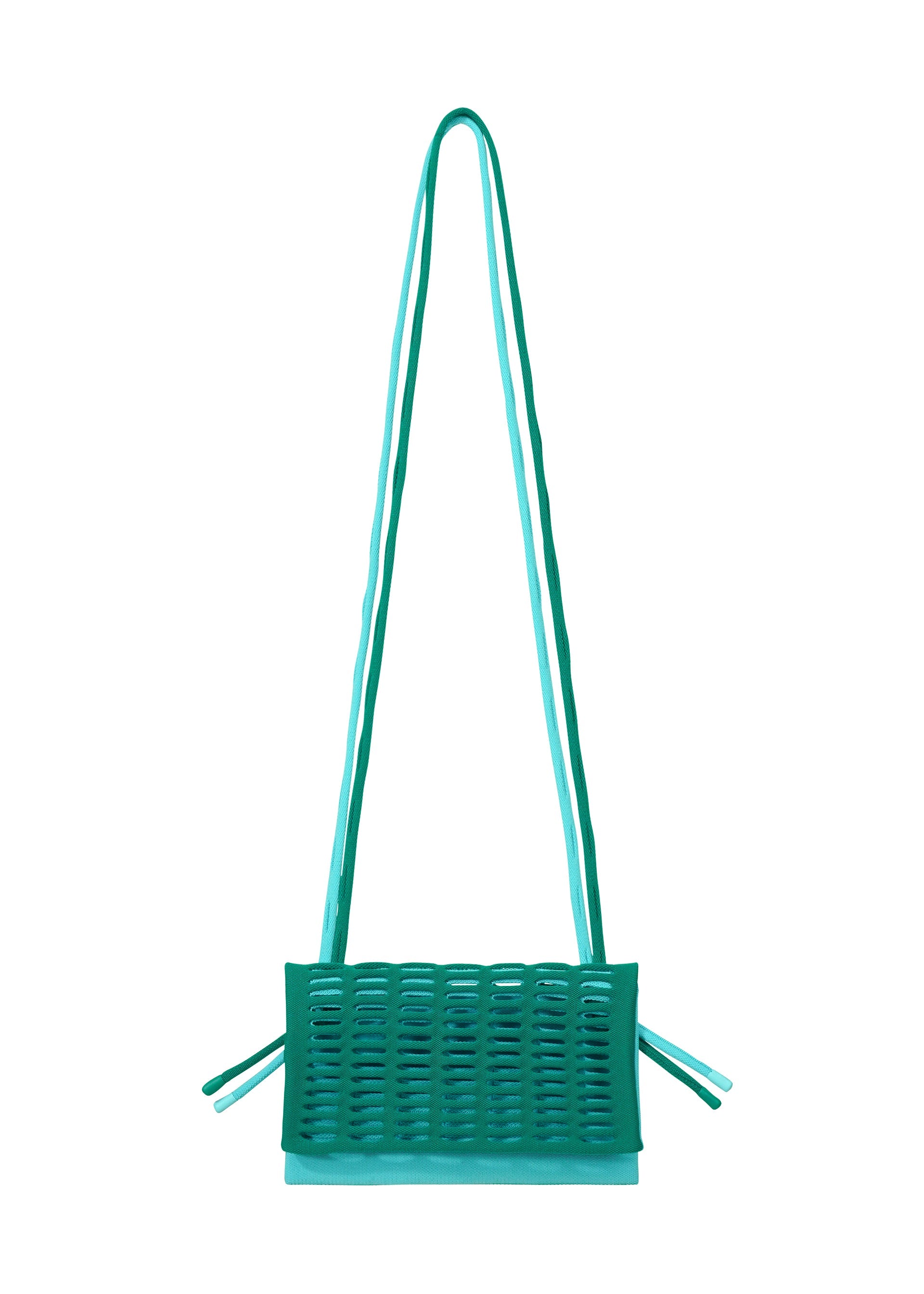Zoomed view The MOKKO BI-COLOR tote by GOOD GOODS ISSEY MIYAKE features a turquoise rectangular knit design with a long double shoulder strap, woven front texture, and side ties. This washable bag stands out against a white background. - TEAL GREEN×LIGTH TEAL BLUE （no.69）