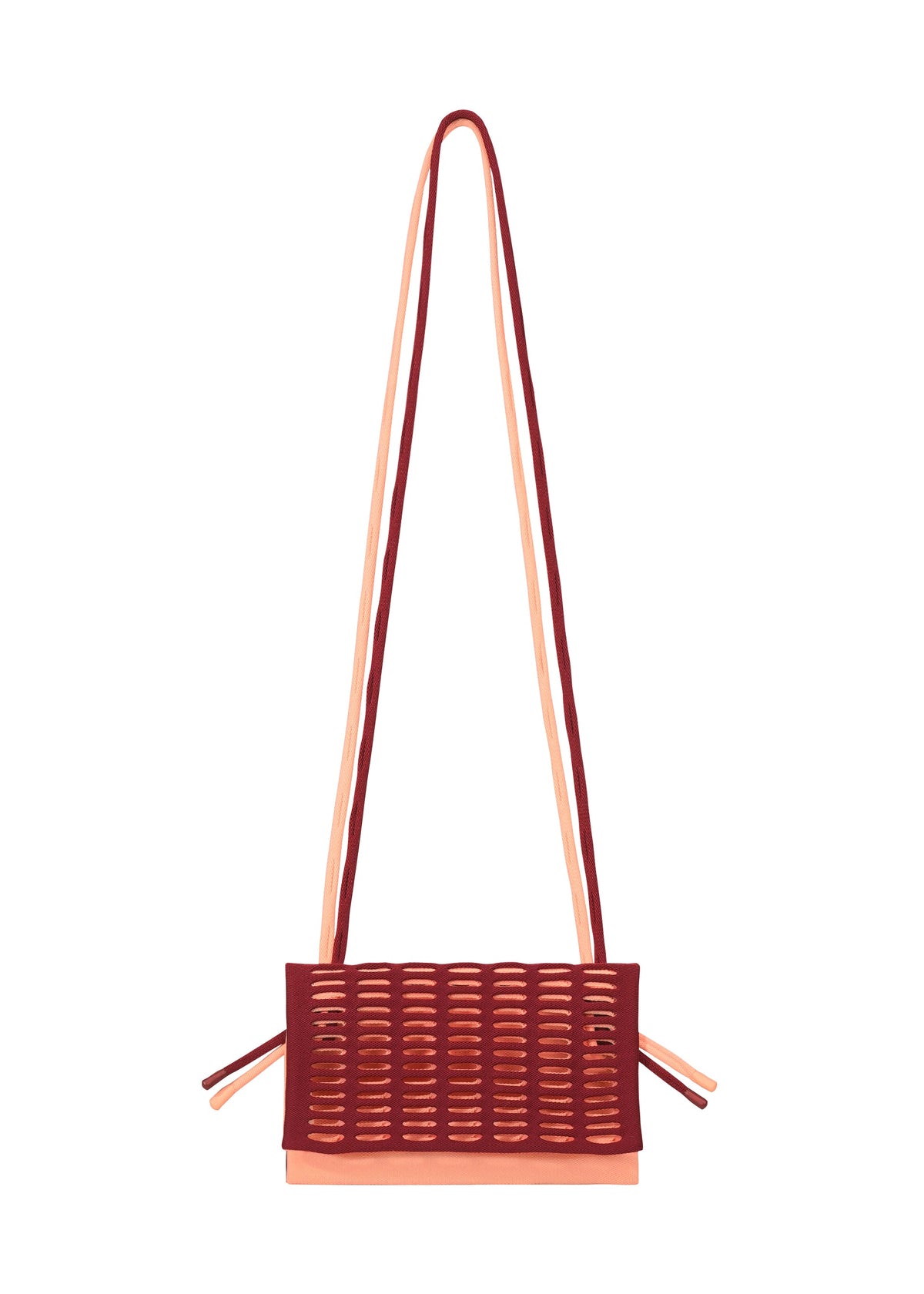 The MOKKO BI-COLOR by GOOD GOODS ISSEY MIYAKE is a stylish rectangular tote with a woven red and pink design, two long matching shoulder straps, decorative side straps, and is washable for easy care. view 7 of 15