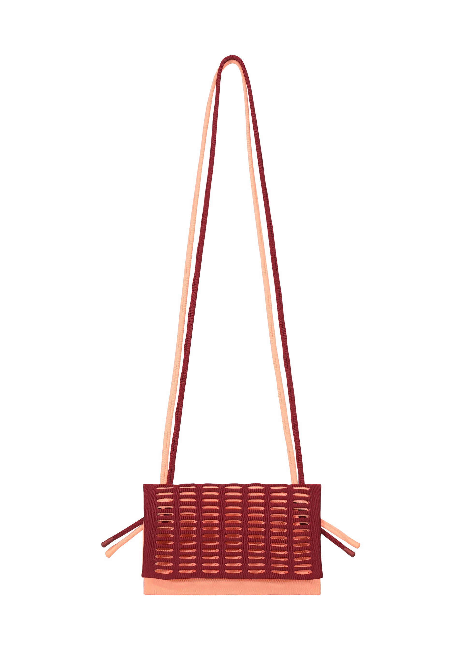 Zoomed view The MOKKO BI-COLOR by GOOD GOODS ISSEY MIYAKE is a stylish rectangular tote with a woven red and pink design, two long matching shoulder straps, decorative side straps, and is washable for easy care. - BORDEAUX×LIGTH SALMON （no.85）