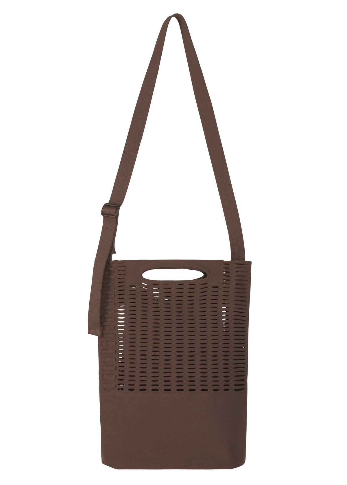The MOKKO MONO GRIP by GOOD GOODS ISSEY MIYAKE is a brown tote bag featuring an adjustable shoulder strap and a distinctive cutout handle. The upper section showcases a grid-like arrangement of rectangular holes, while the lower portion is crafted from solid fabric. Ideal as a business bag, this versatile accessory is presented against a white background. view 2 of 6