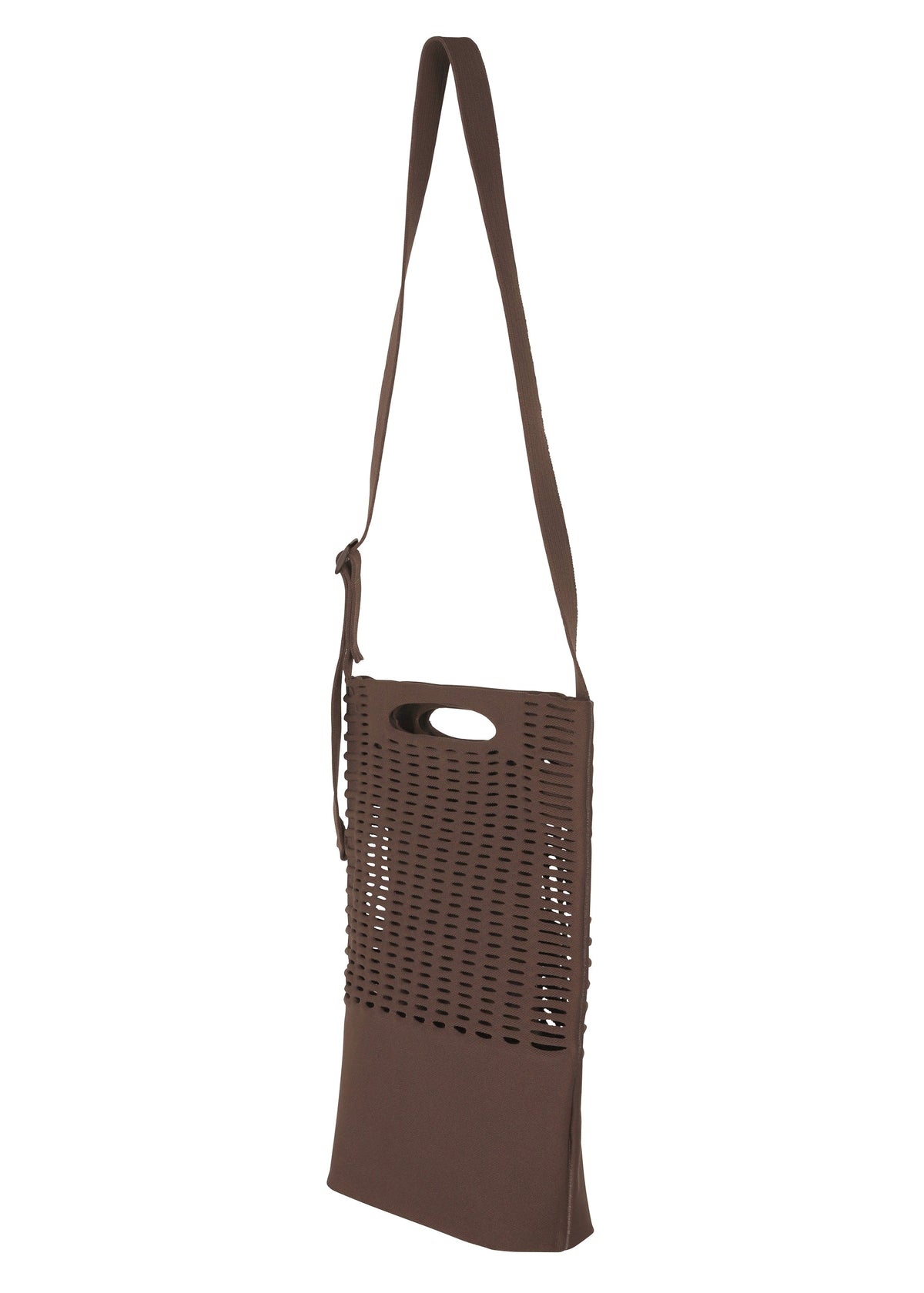 The MOKKO MONO GRIP by GOOD GOODS ISSEY MIYAKE is a brown tote bag featuring a striking cutout grid pattern on the front and a long, adjustable shoulder strap for comfortable carrying. Designed with style and functionality in mind, it also includes an oval hand grip near the top, offering versatile carrying options—making it an ideal business bag or everyday accessory. view 3 of 6