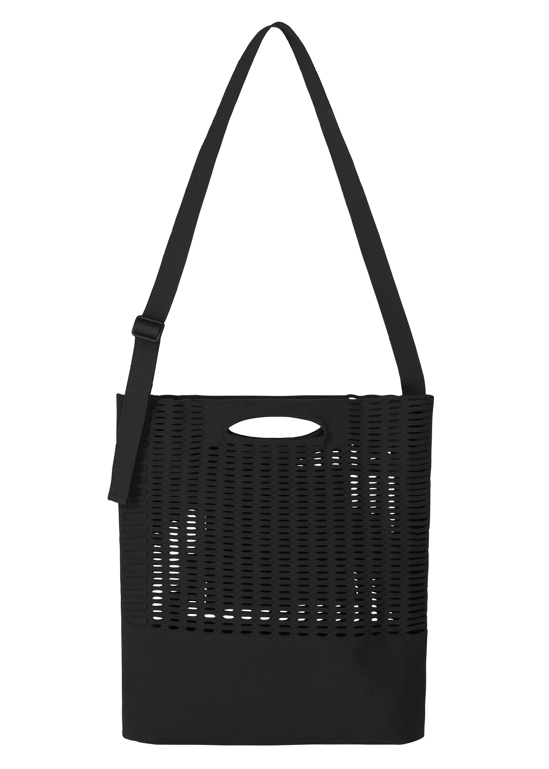 Zoomed view Introducing the MOKKO MONO GRIP by GOOD GOODS ISSEY MIYAKE—a black tote bag with an adjustable shoulder strap, distinguished by a perforated, grid-like upper panel, a solid lower section, and an oval cutout handle near the top. - BLACK （no.15）