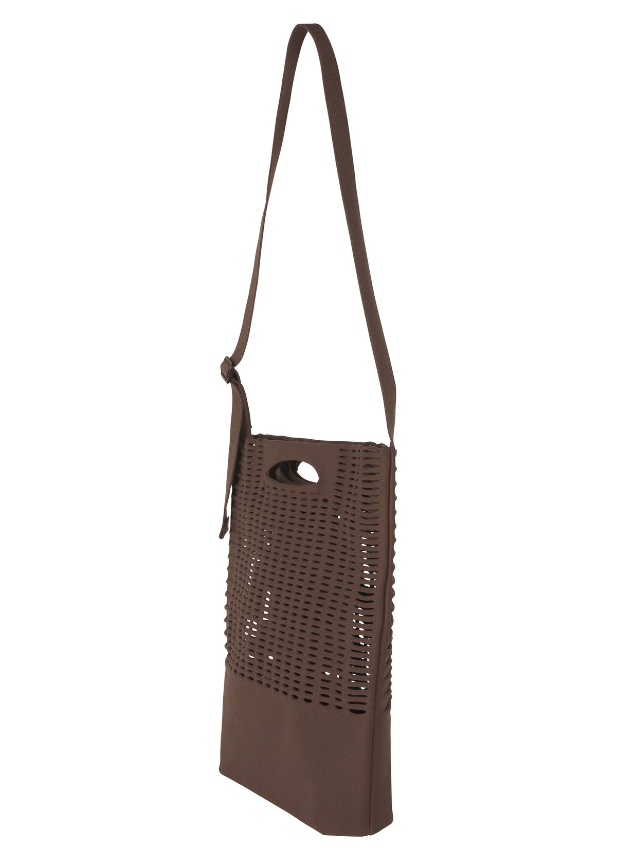 The MOKKO MONO GRIP by GOOD GOODS ISSEY MIYAKE is a brown shoulder bag accented with a laser-cut perforated pattern on the front. It features an adjustable shoulder strap and a built-in handle hole near the top. With its modern, minimalist design, this bag is perfect both as a sleek business accessory and as a versatile tote for everyday use. view 3 of 6