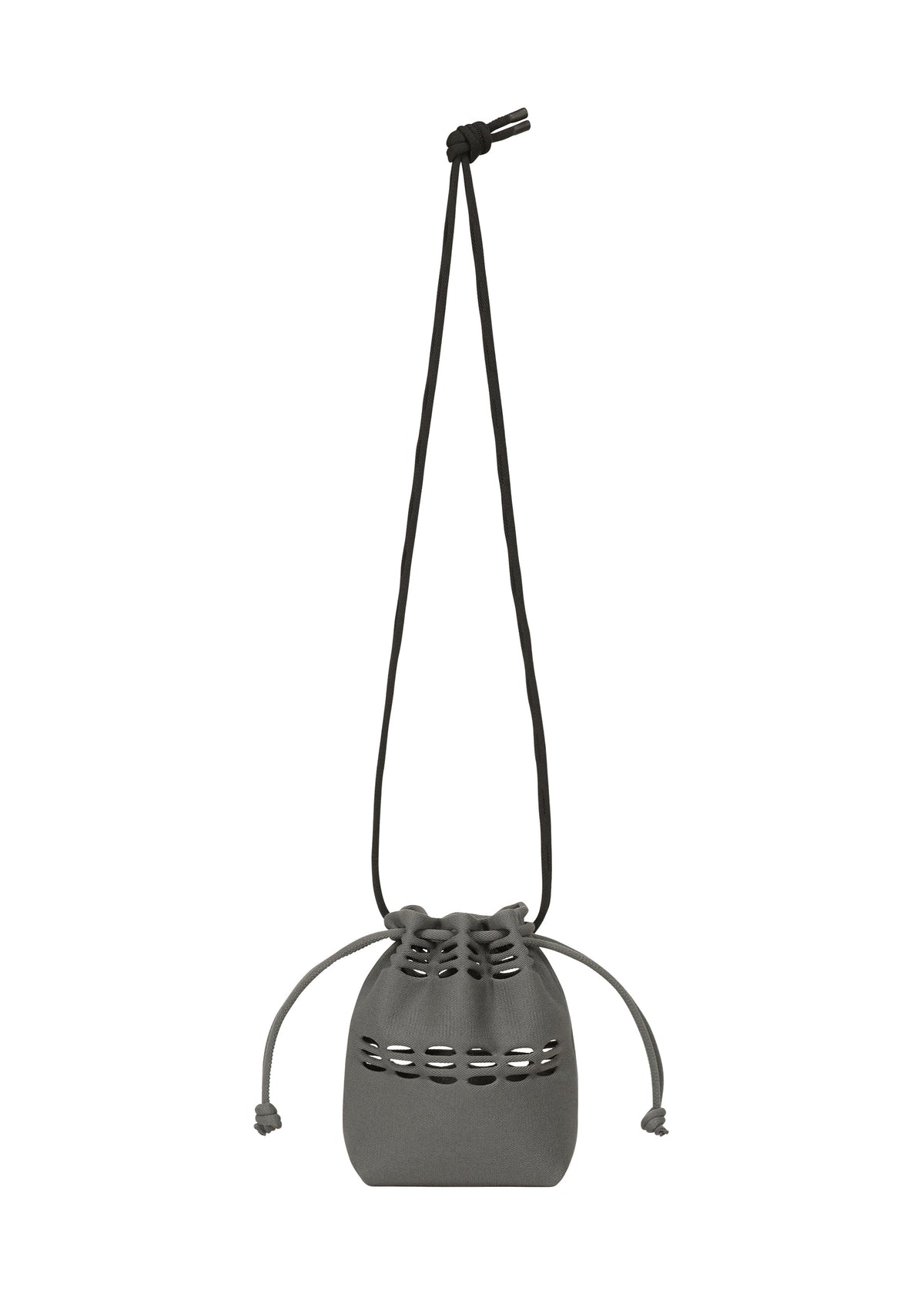 The GOOD GOODS ISSEY MIYAKE MOKKO POCKET BI-COLOR is a compact, minimalist gray pouch with a long, slim shoulder strap and metal eyelets for secure drawstring closure—blending simple style and function in a mini bag. view 1 of 9