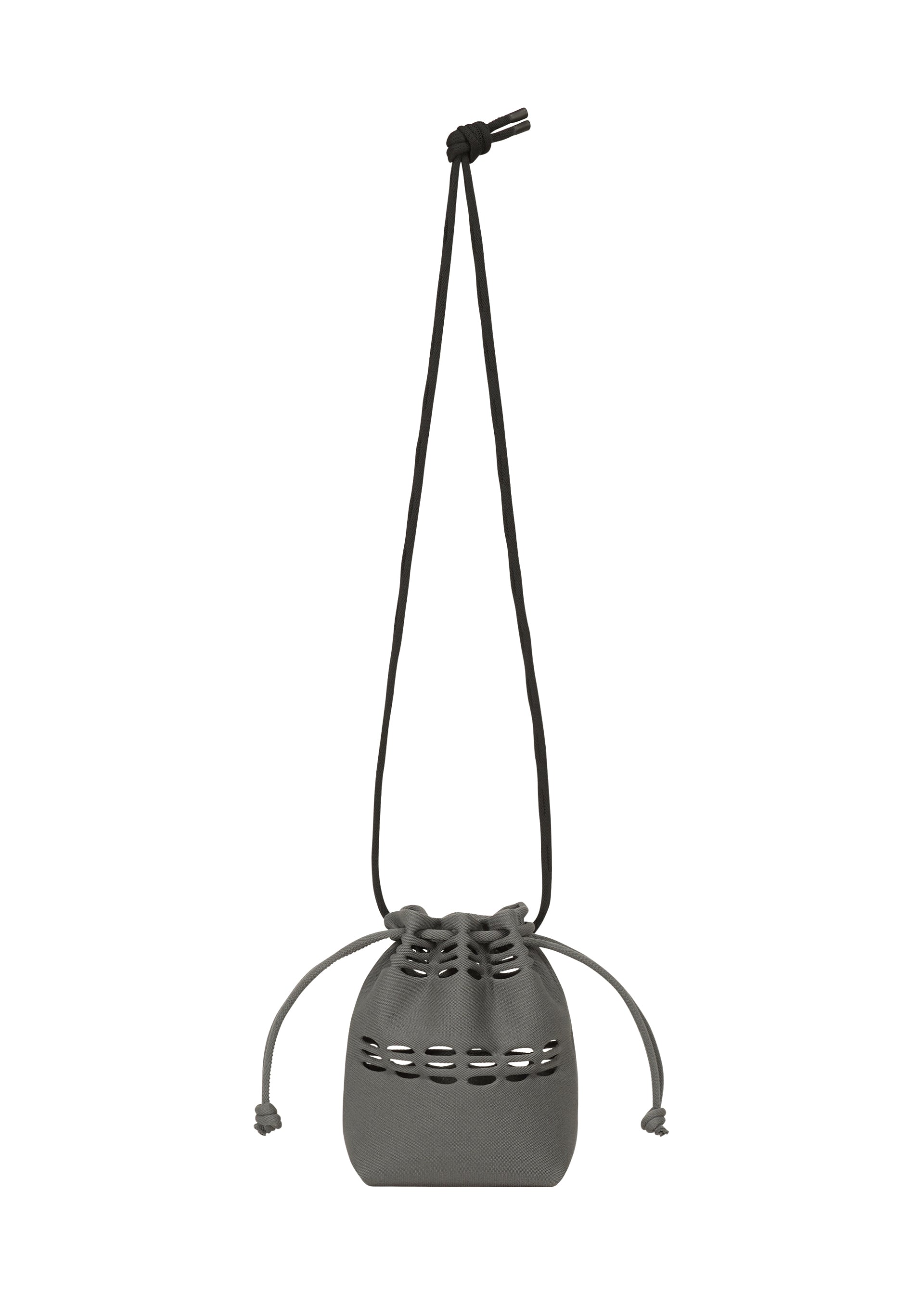 Zoomed view The GOOD GOODS ISSEY MIYAKE MOKKO POCKET BI-COLOR is a compact, minimalist gray pouch with a long, slim shoulder strap and metal eyelets for secure drawstring closure—blending simple style and function in a mini bag. - GRAY （no.12）