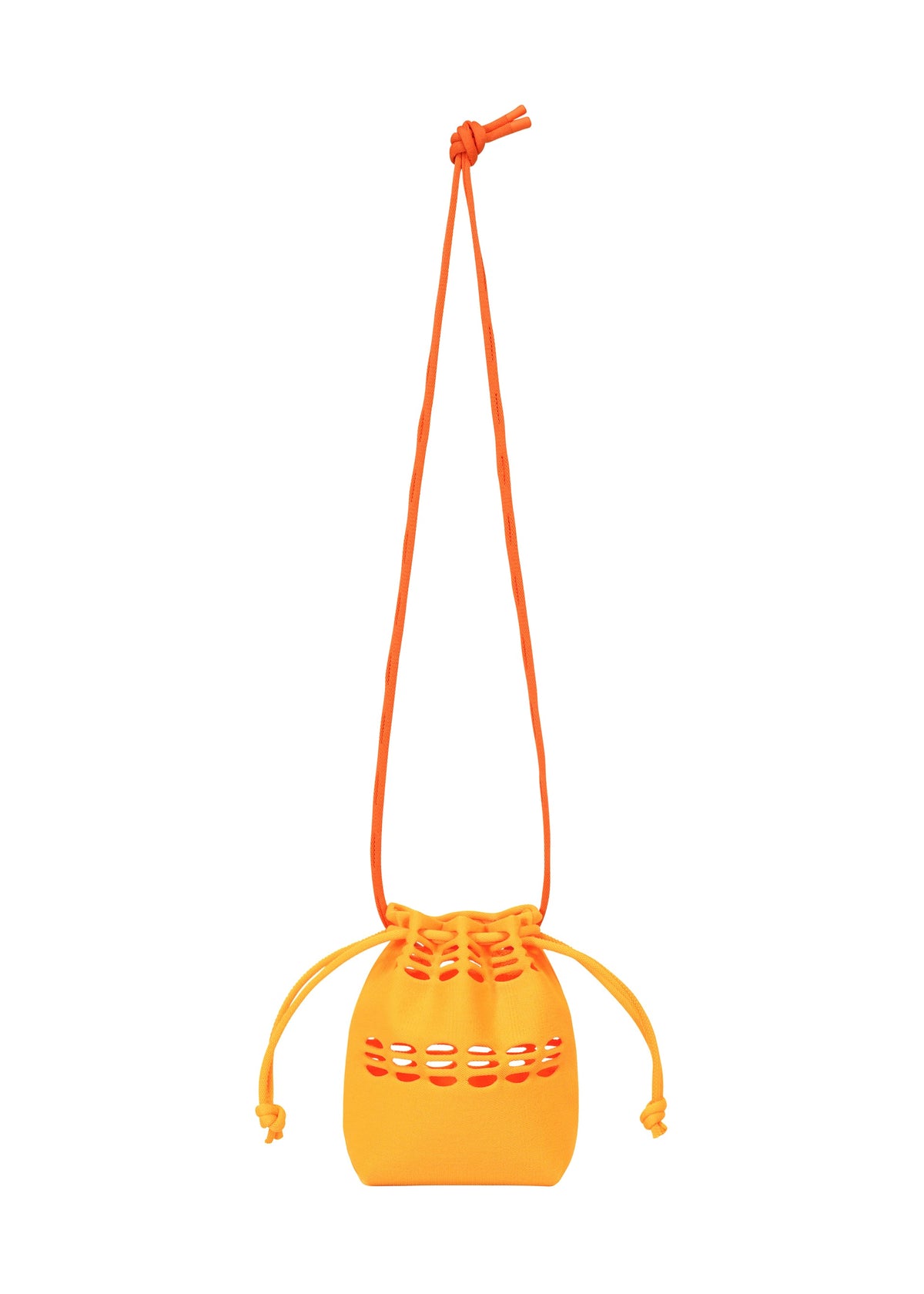 The MOKKO POCKET BI-COLOR by GOOD GOODS ISSEY MIYAKE is a small orange drawstring bag with a matching shoulder strap and cutout details, perfect for carrying your essentials in style. Set against a white background. view 2 of 9