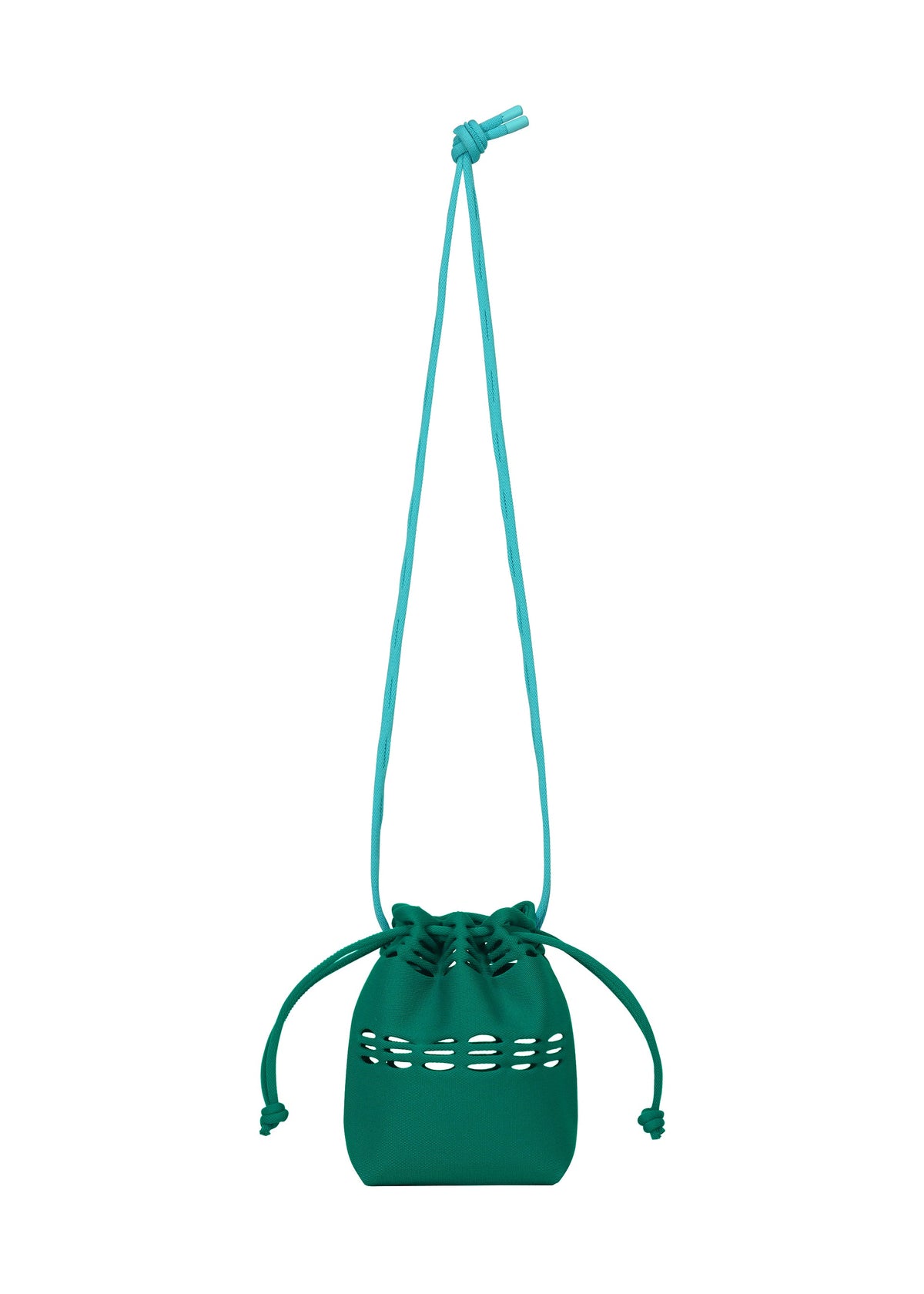 The MOKKO POCKET BI-COLOR by GOOD GOODS ISSEY MIYAKE is a small teal shoulder pouch with a long strap and decorative cutout pattern, shown here as a mini drawstring bag against a white background. view 3 of 9
