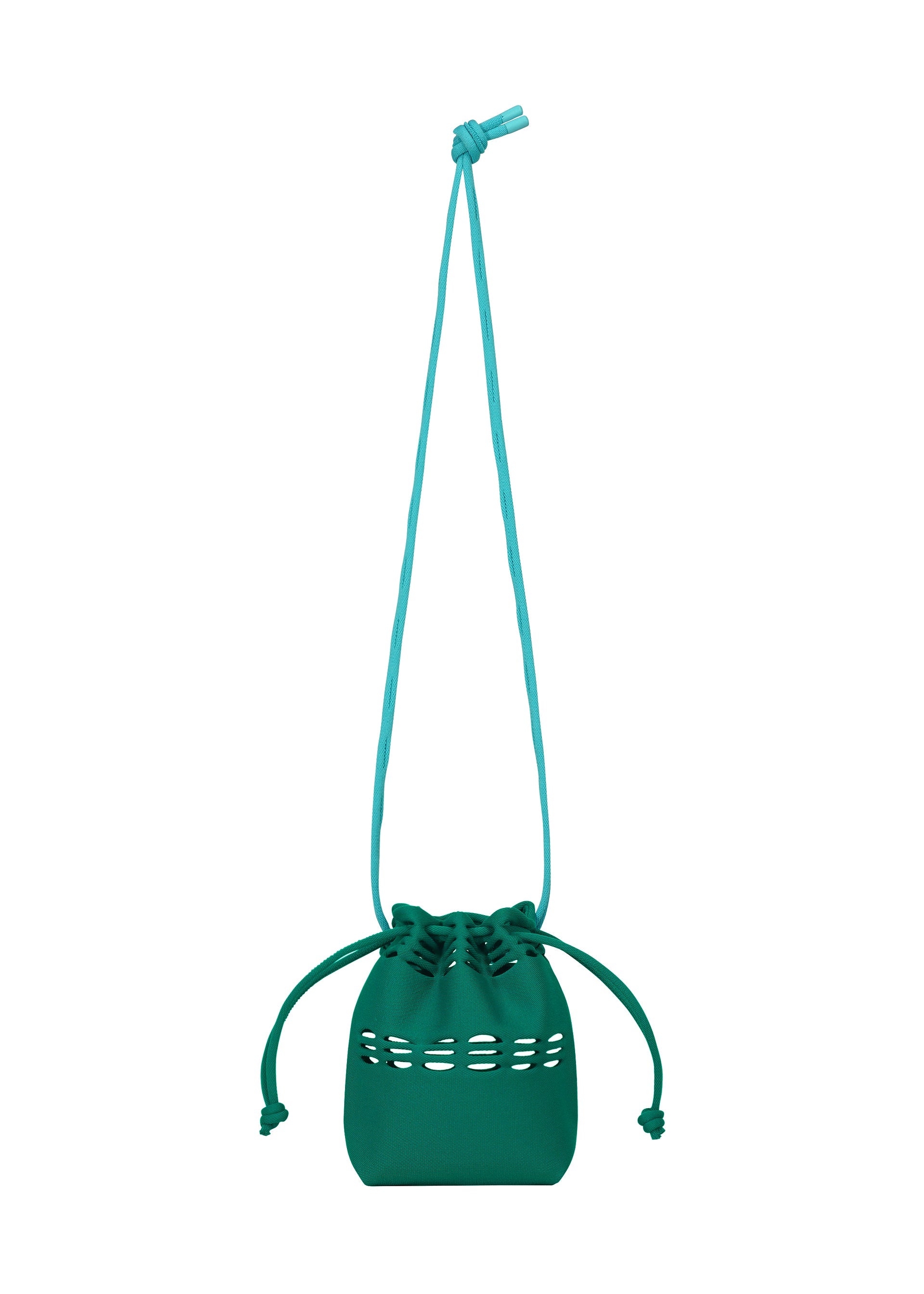 Zoomed view The MOKKO POCKET BI-COLOR by GOOD GOODS ISSEY MIYAKE is a small teal shoulder pouch with a long strap and decorative cutout pattern, shown here as a mini drawstring bag against a white background. - TEAL GREEN （no.76）