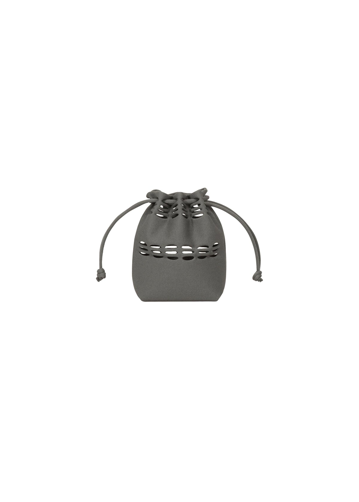 The MOKKO POCKET BI-COLOR by GOOD GOODS ISSEY MIYAKE is a small gray mini bag with decorative horizontal slits near the top and a drawstring, shown against a plain white background. view 5 of 9