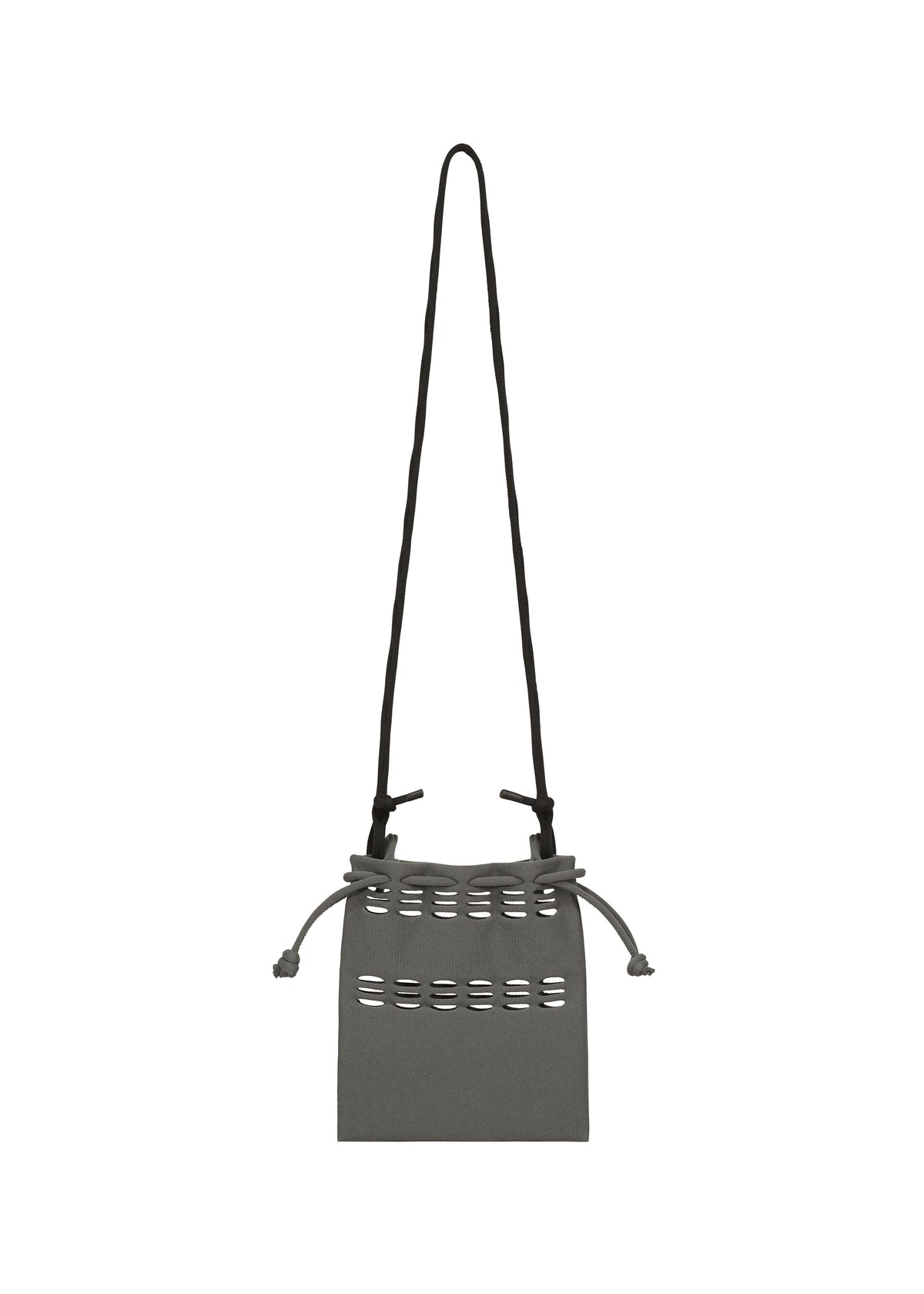 The MOKKO POCKET BI-COLOR by GOOD GOODS ISSEY MIYAKE is a small, rectangular gray mini bag with a long black strap, horizontal cutout details near the top, and adjustable side drawstrings for a chic shoulder pouch style. view 7 of 9