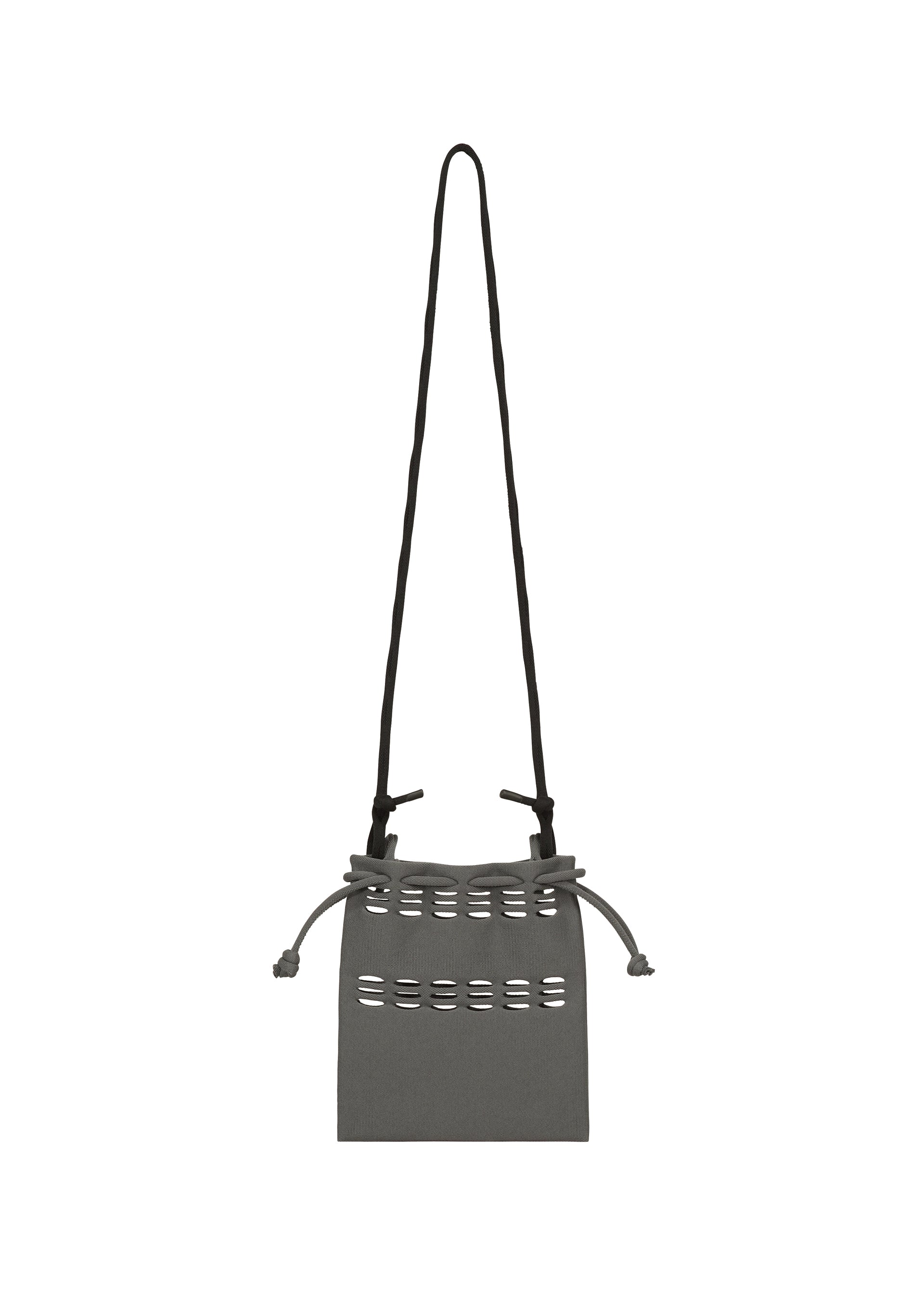 Zoomed view The MOKKO POCKET BI-COLOR by GOOD GOODS ISSEY MIYAKE is a small, rectangular gray mini bag with a long black strap, horizontal cutout details near the top, and adjustable side drawstrings for a chic shoulder pouch style.