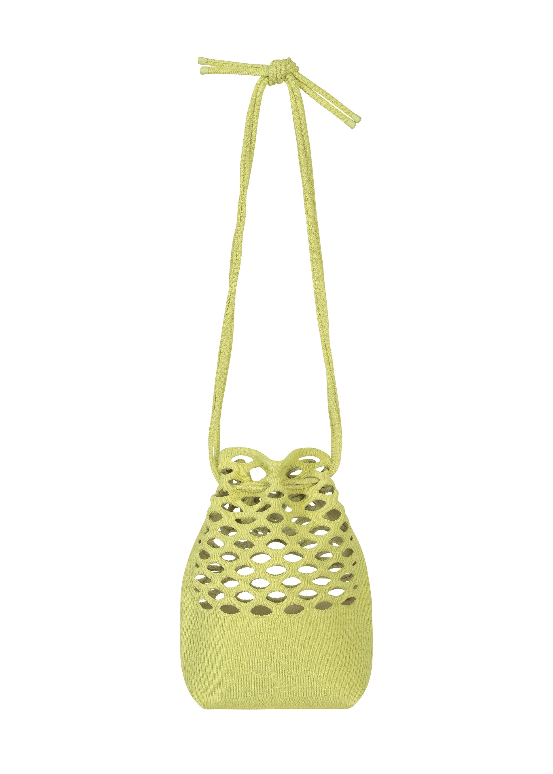 Zoomed view The MOKKO WASHI by GOOD GOODS ISSEY MIYAKE is a small, light green knit bag with a mesh cutout top, solid bottom, and a long twisted shoulder strap knotted at the top. - GRASS GREEN （no.63）
