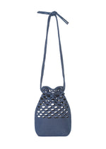 A small blue MOKKO WASHI drawstring bag by GOOD GOODS ISSEY MIYAKE, featuring a long strap and a lattice-style cutout design on the upper half. - INDIGO BLUE （no.73）