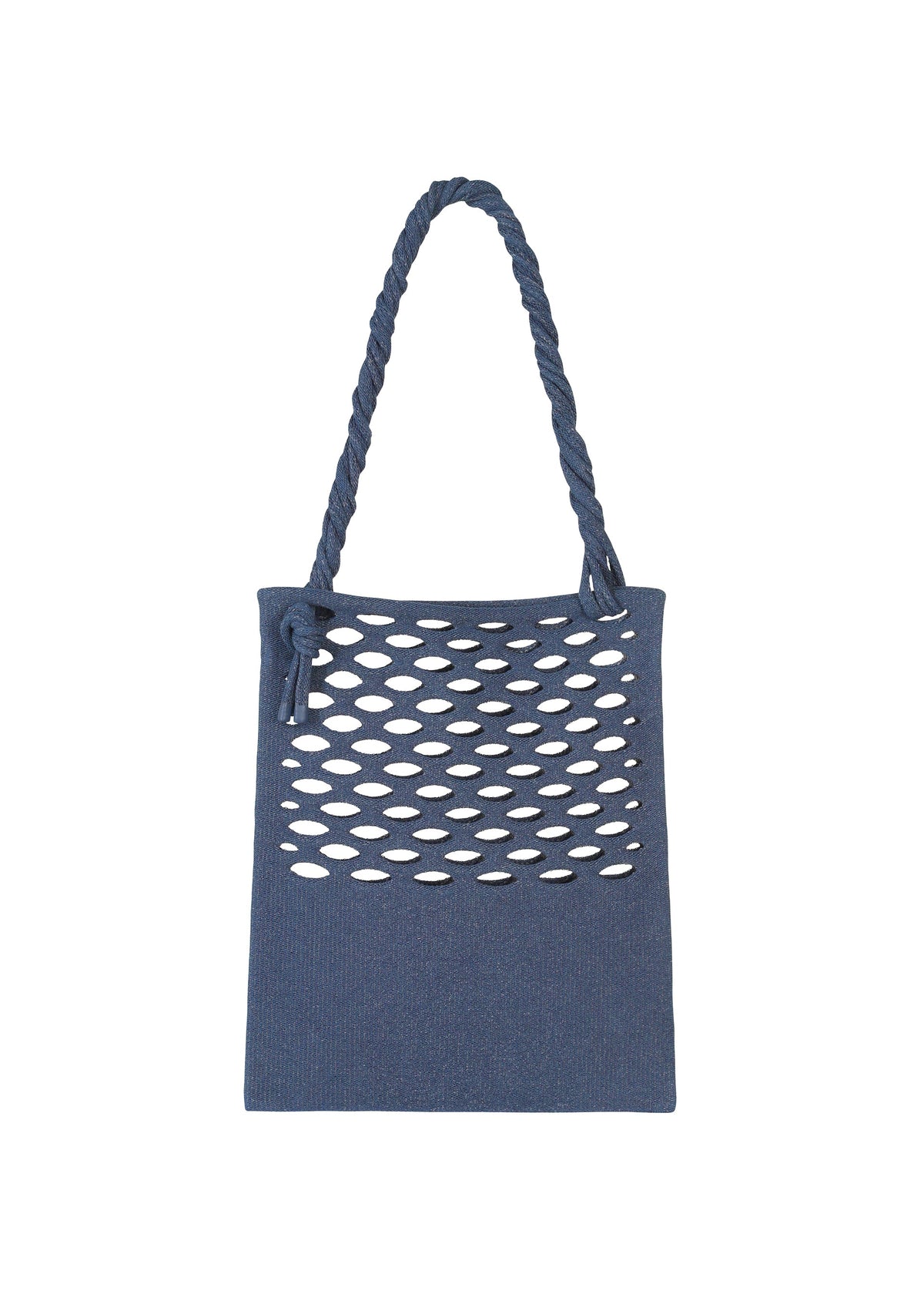 The MOKKO WASHI by GOOD GOODS ISSEY MIYAKE is a blue fabric tote with a twisted handle and an open, oval-shaped cutout pattern on the upper half that reveals the interior. view 4 of 13