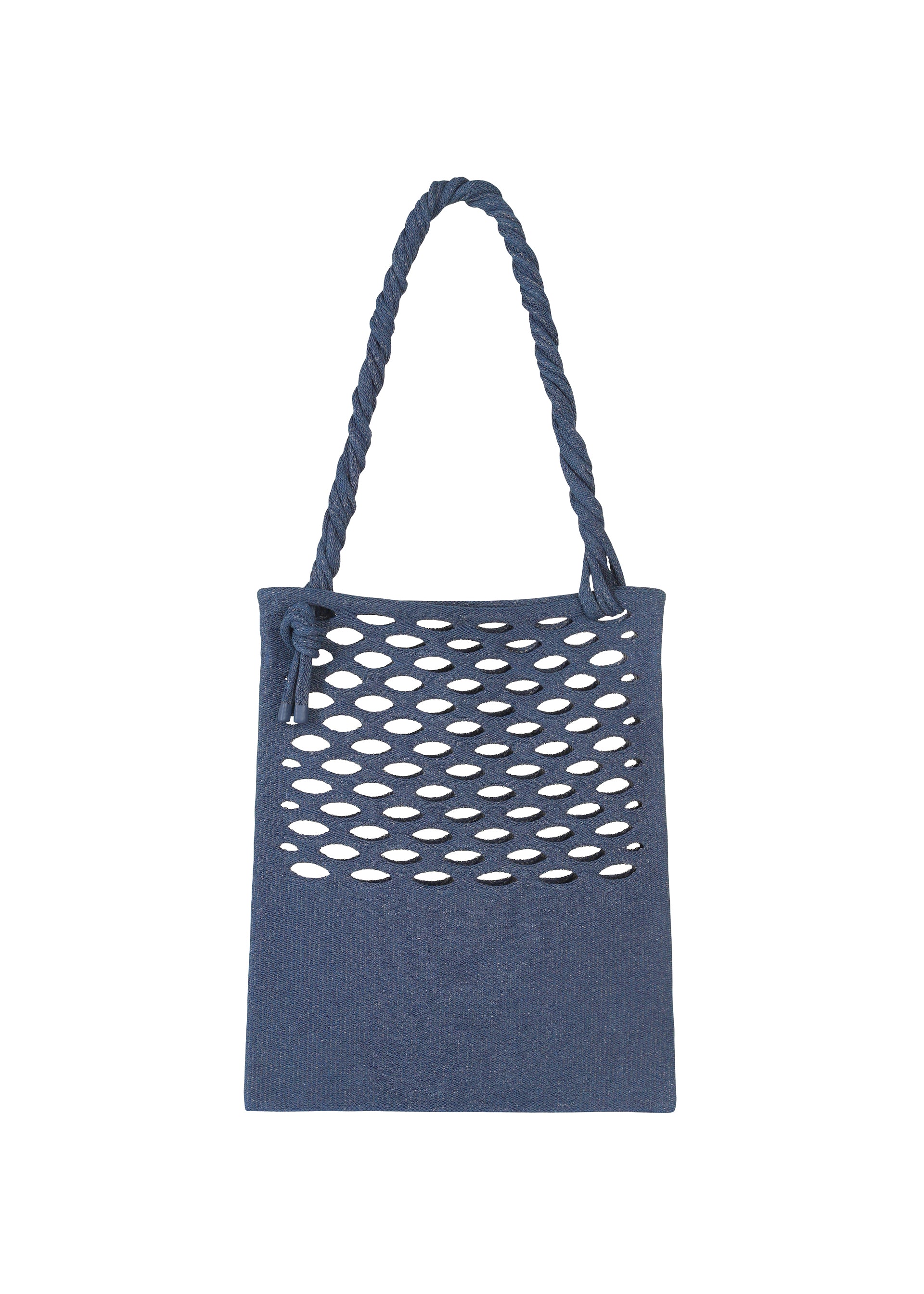 Zoomed view The MOKKO WASHI by GOOD GOODS ISSEY MIYAKE is a blue fabric tote with a twisted handle and an open, oval-shaped cutout pattern on the upper half that reveals the interior.